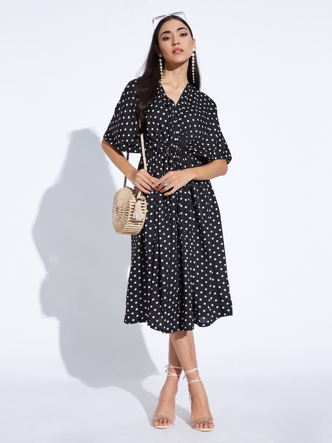 

DEPANO Polka Dot Printed V-Neck Gathered Flared Sleeves Empire Midi Dress, Black