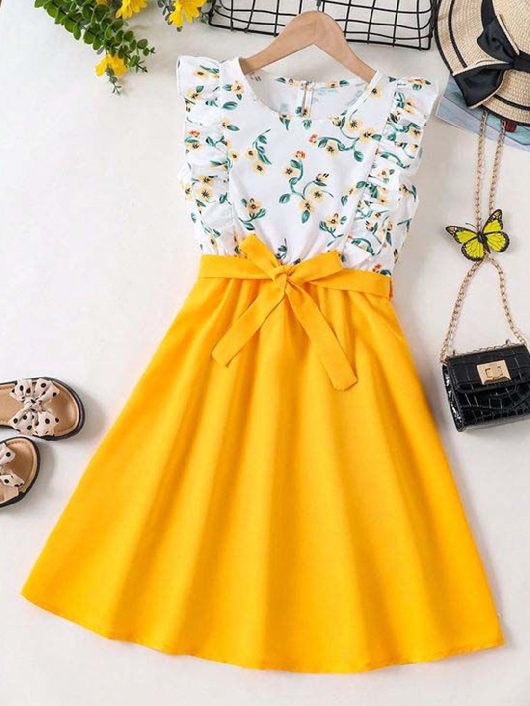 

BAESD Girls Floral Printed Flutter Sleeve Round Neck Ruffles Cotton Fit & Flare Dress, Yellow