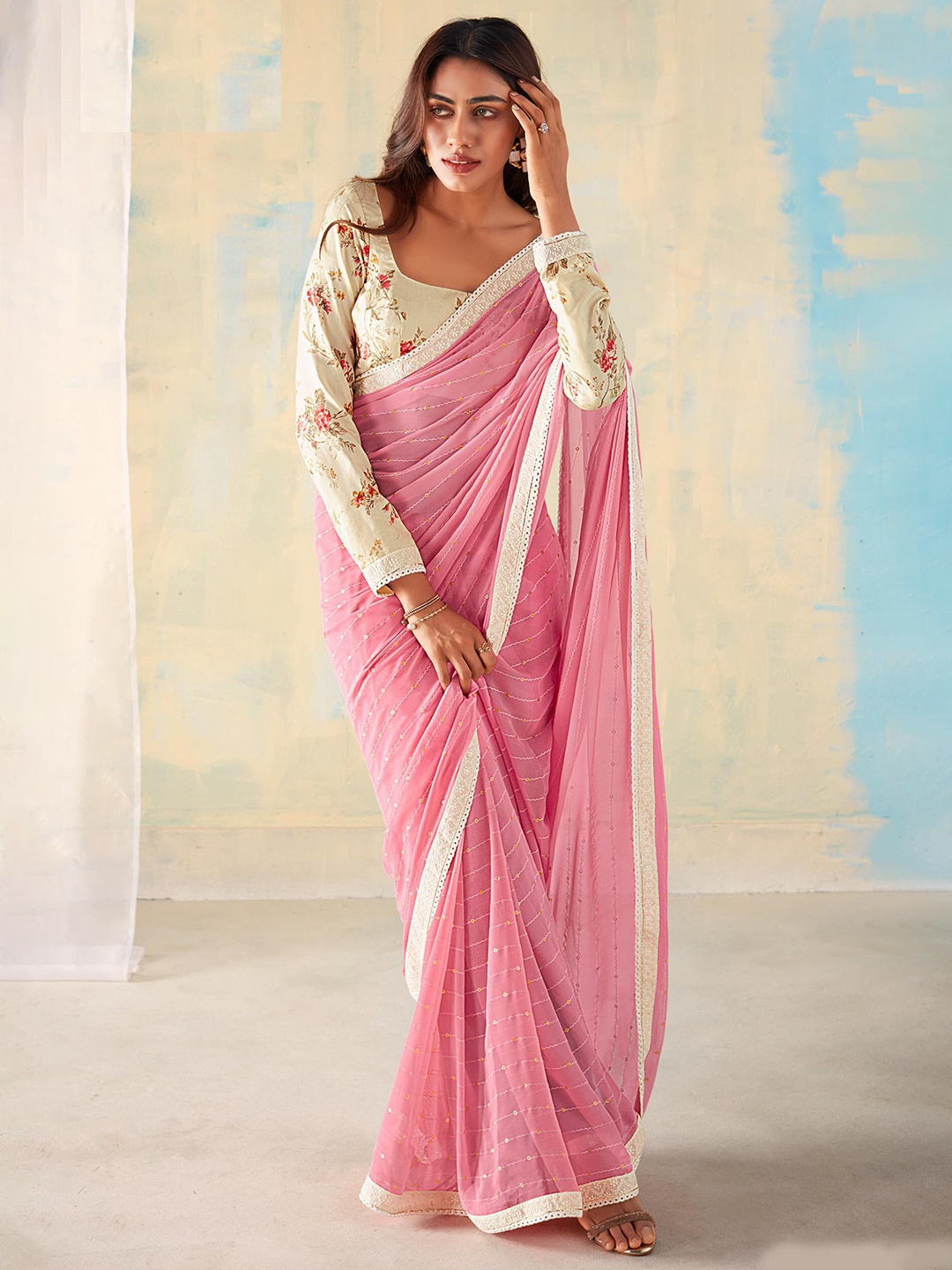 

Panzora Embellished Sequinned Saree, Pink