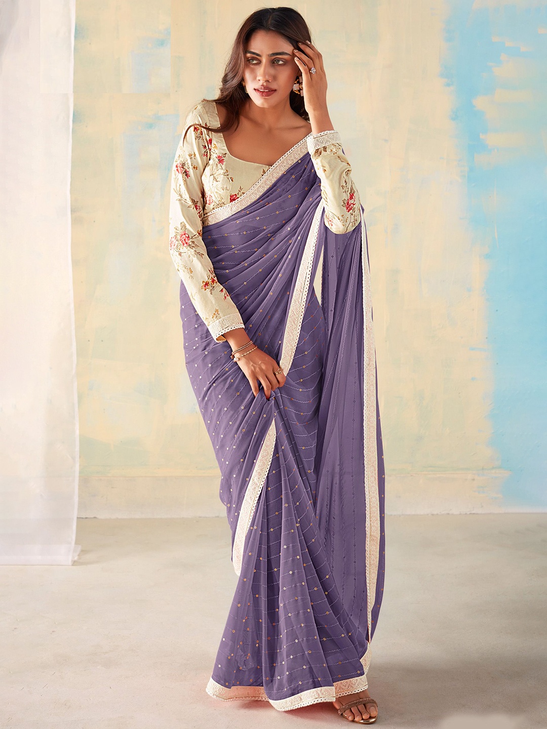 

Panzora Embellished Sequinned Saree, Lavender