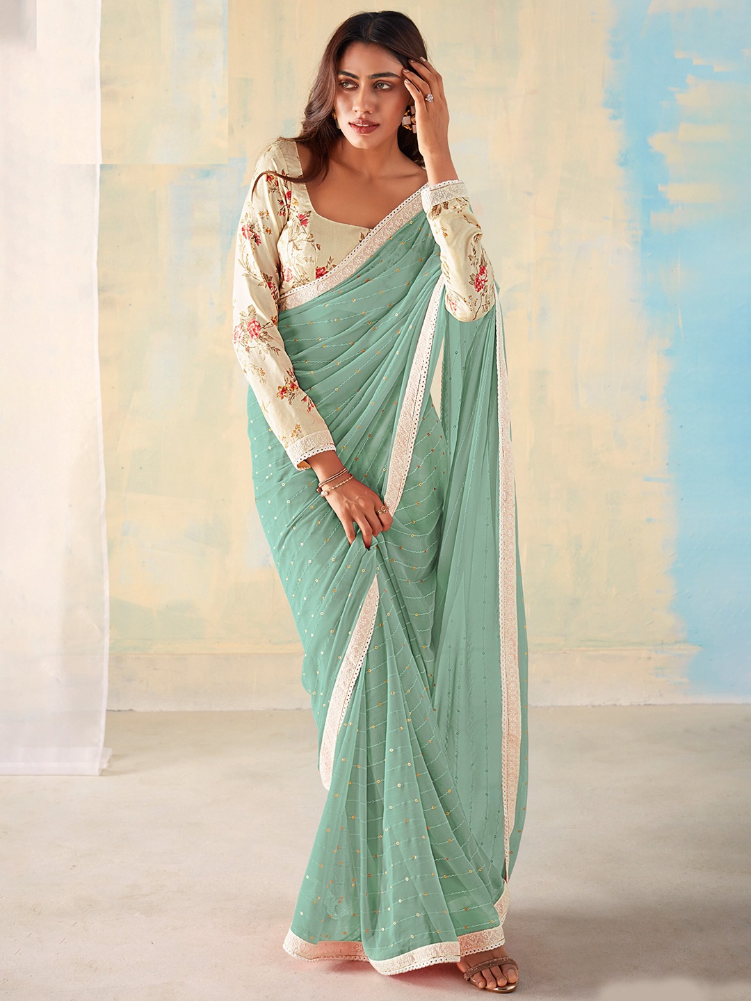 

Panzora Embellished Sequinned Saree, Sea green