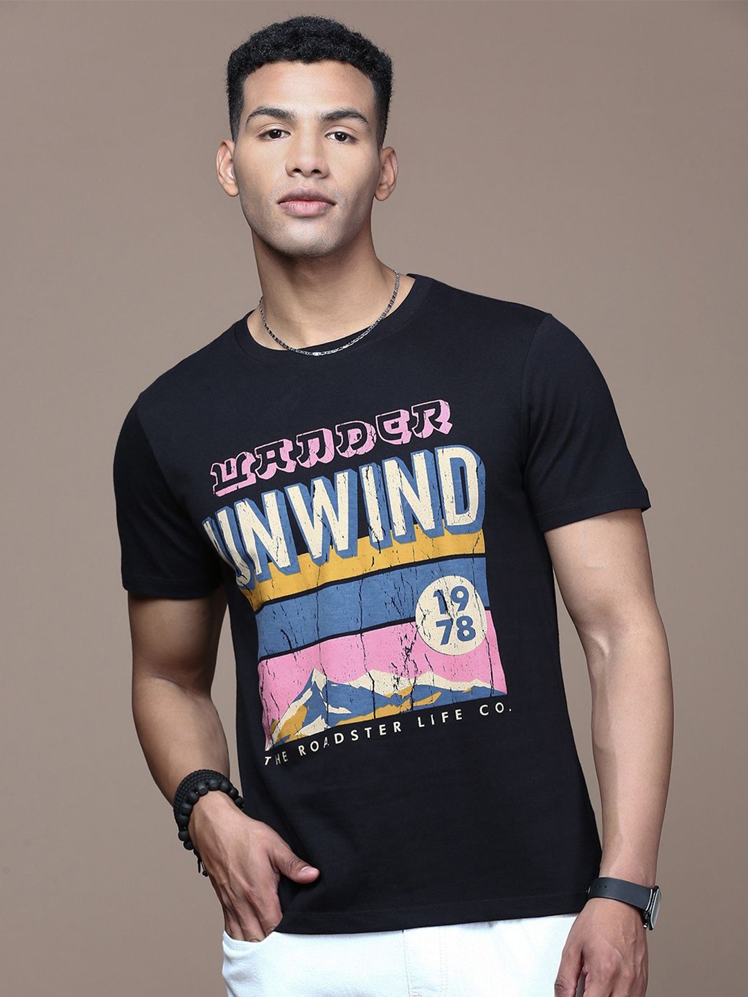 

The Roadster Lifestyle Co. Men Graphic Printed Round Neck Cotton T-shirt, Black