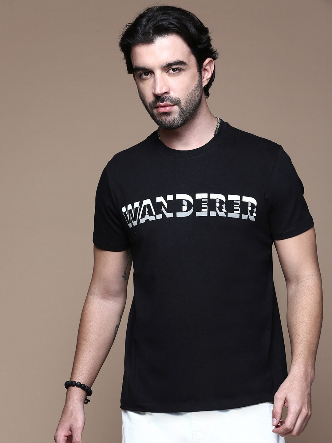 Roadster Mens Typography Printed Round Neck Cotton T-Shirt, Black