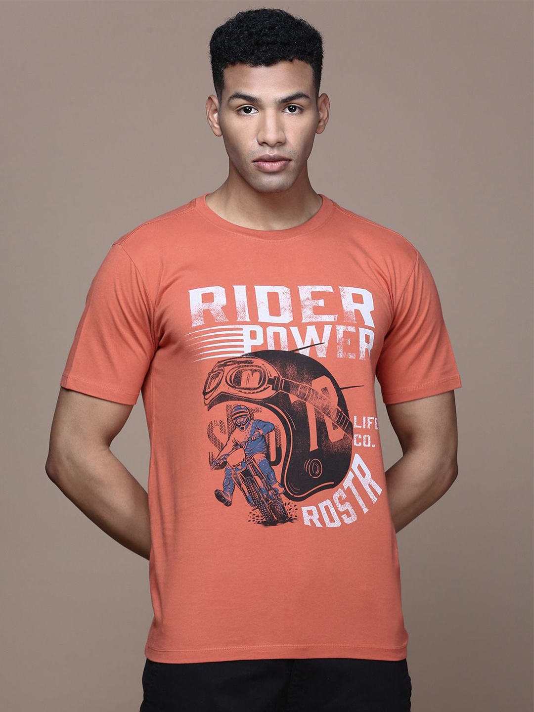 

Roadster Men Typography Printed Round Neck Cotton T-Shirt, Rust