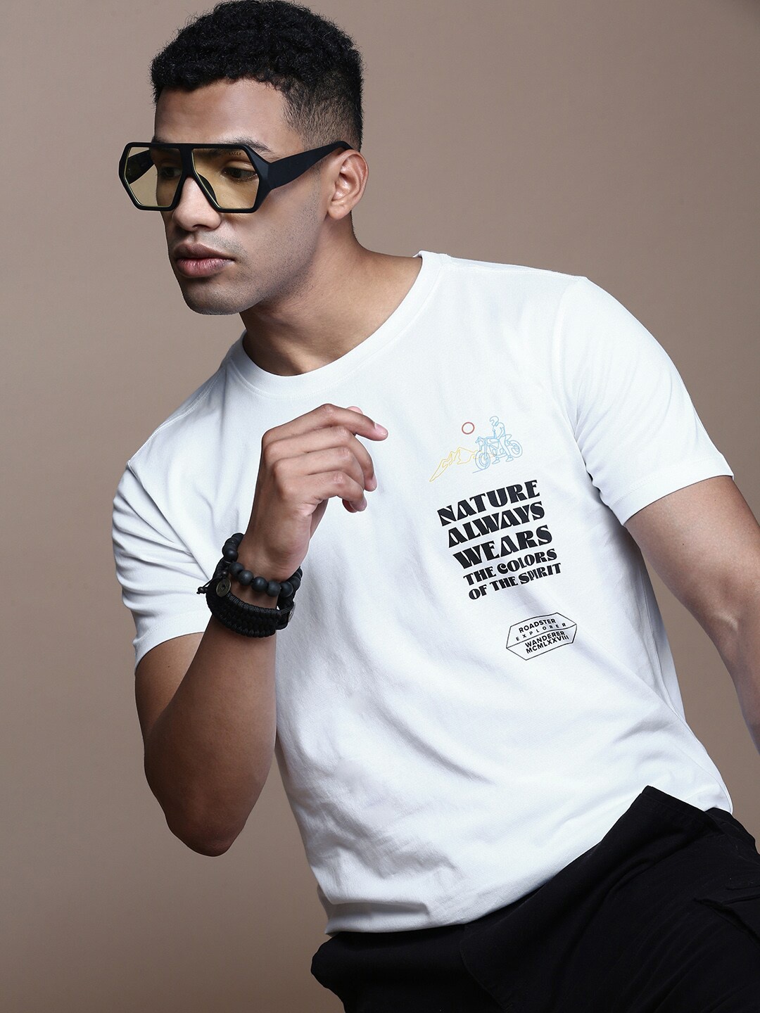 

Roadster Mens Typography Printed Cotton T-Shirt, White