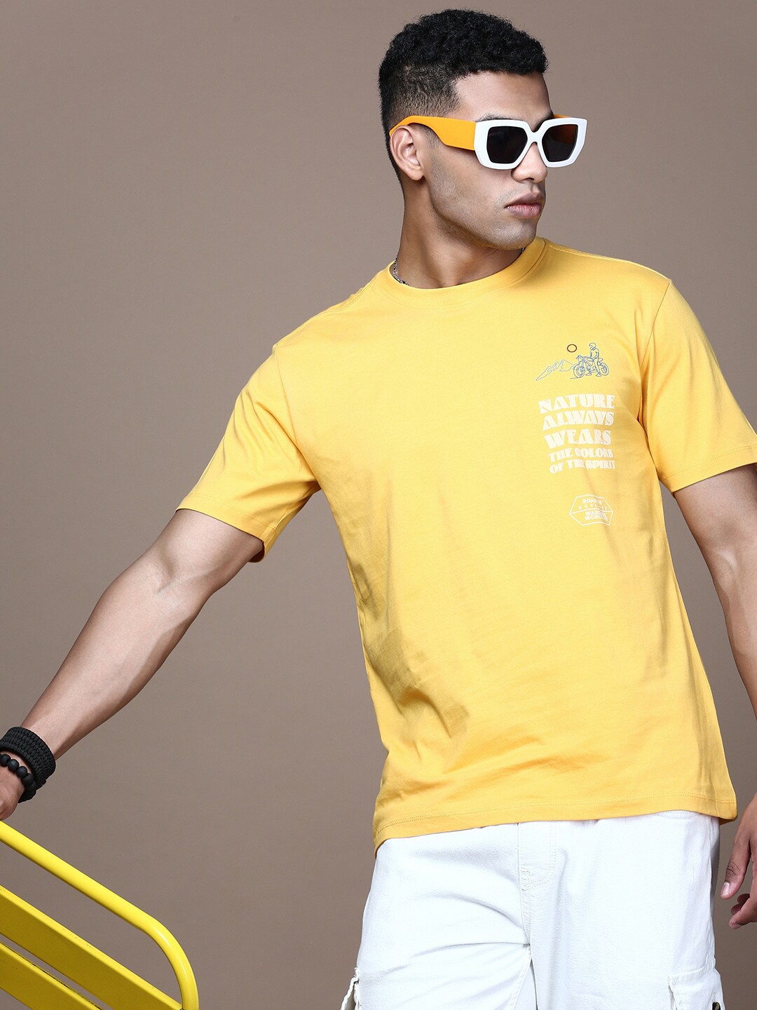 

The Roadster Lifestyle Co. Men Graphic Printed Cotton T-shirt, Yellow