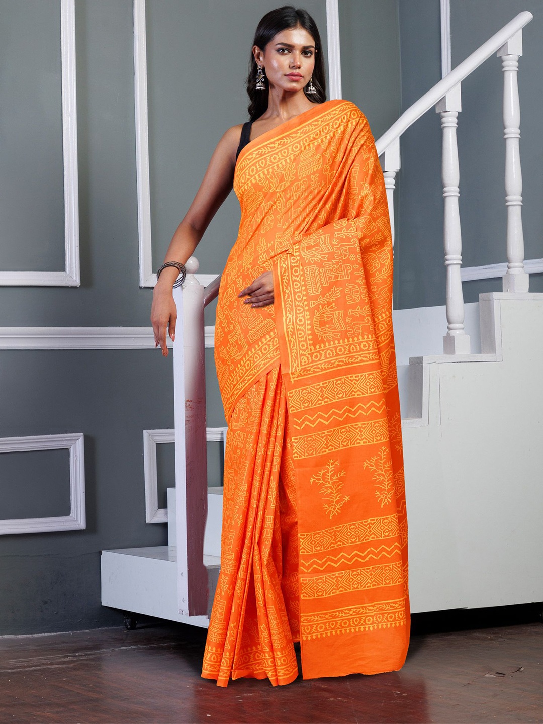 

Unnati Silks Ethnic Motifs Pure Cotton Handloom Block Print Saree, Orange