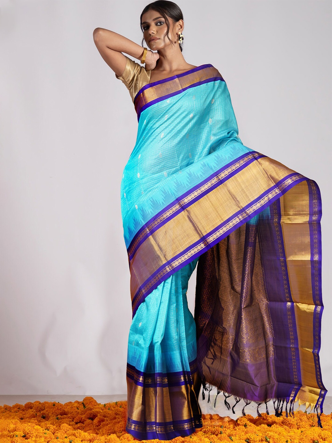 

Unnati Silks Woven Design Zari Pure Silk Handloom Saree, Blue