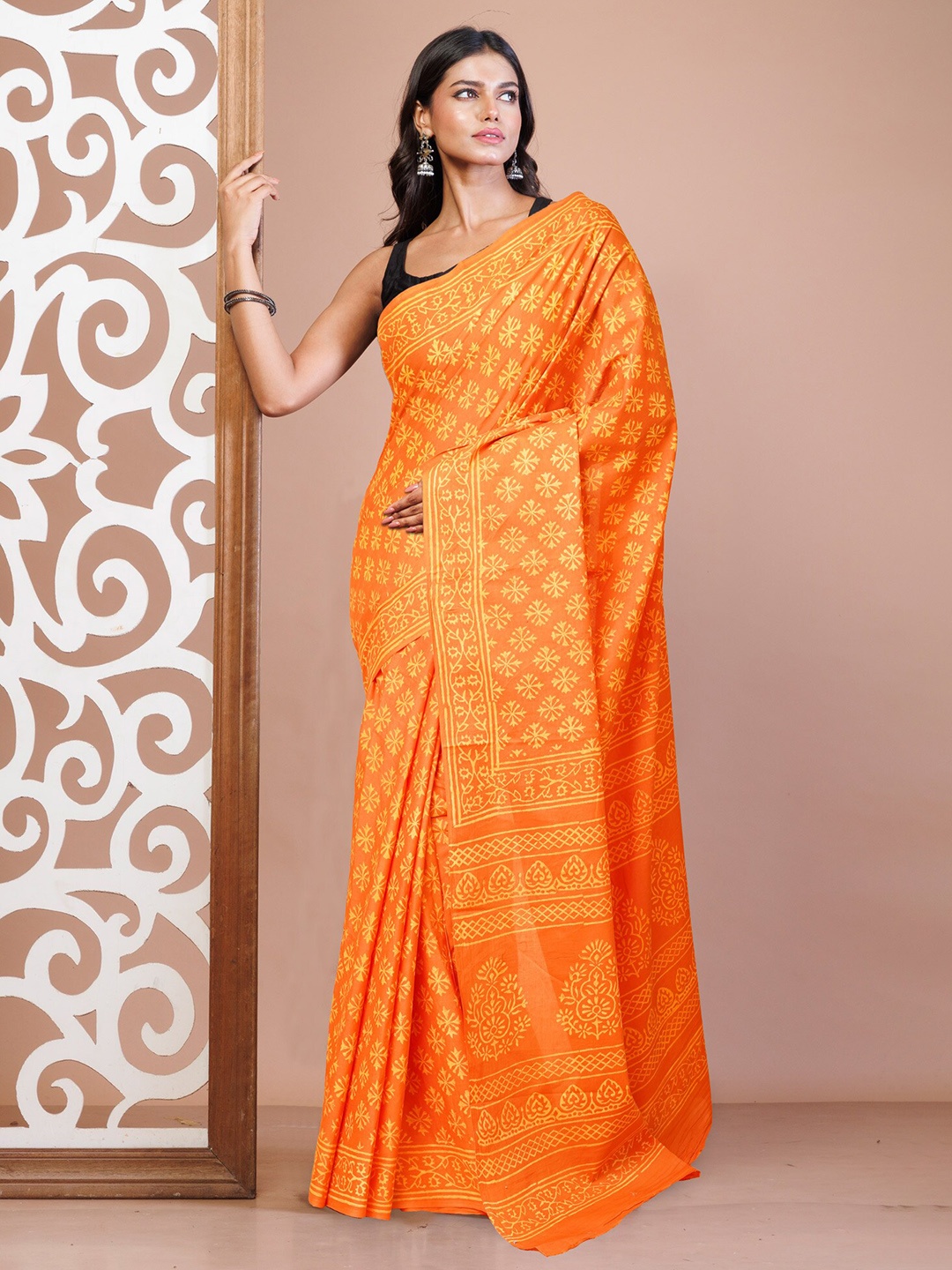 

Unnati Silks Ethnic Motifs Pure Cotton Handloom Block Print Saree, Orange