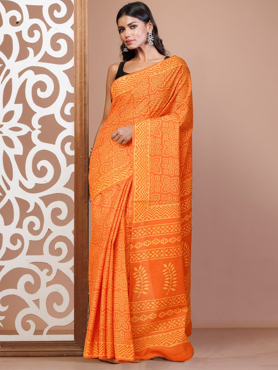 

Unnati Silks Ethnic Motifs Pure Cotton Handloom Block Print Saree, Orange