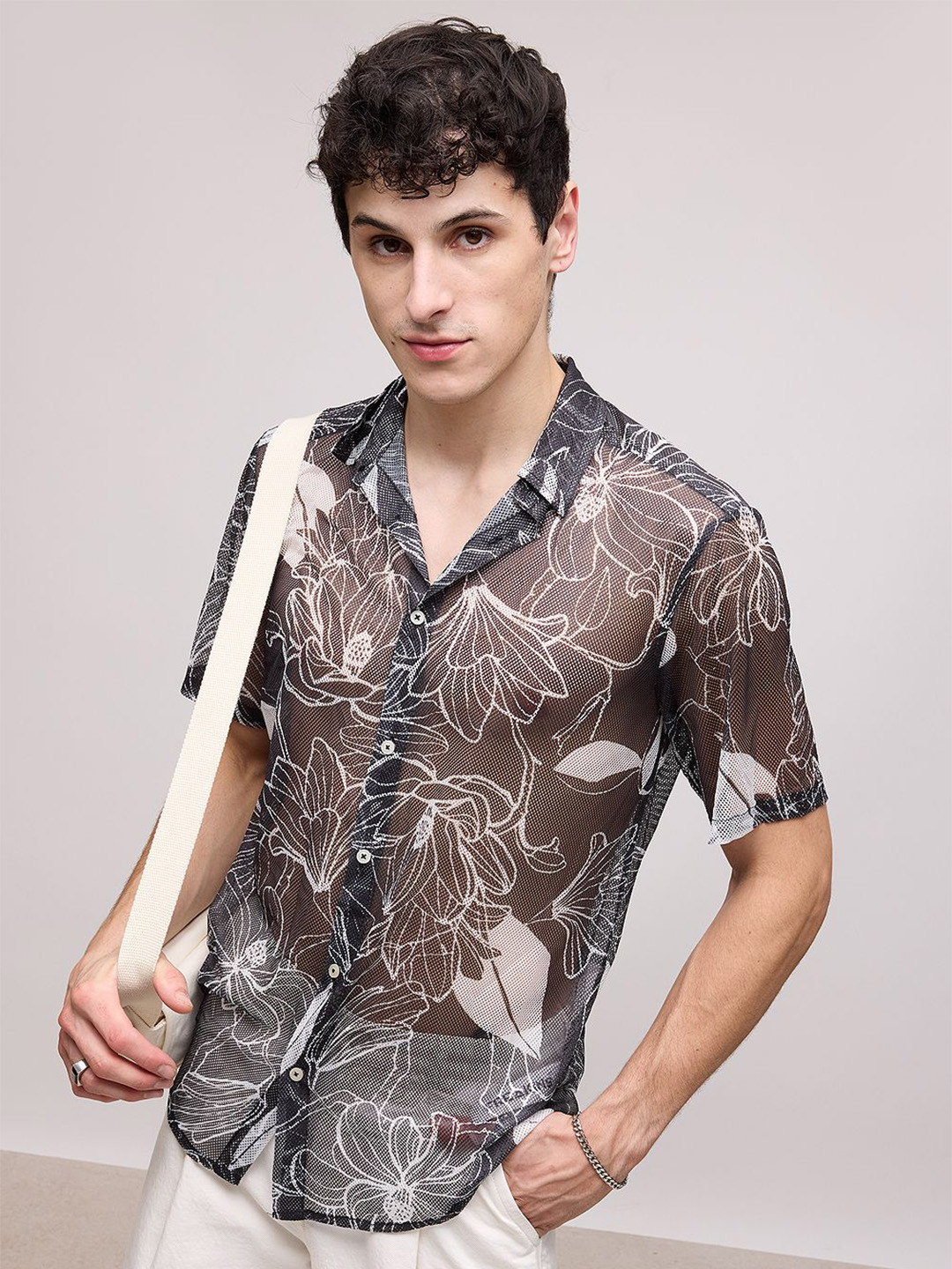 

FREAKINS Floral Printed Spread Collar Sheer Casual Shirt, Black