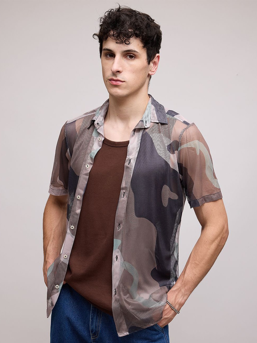 

FREAKINS Abstract Printed Spread Collar Short Sleeves Semi Sheer Regular Fit Casual Shirt, Black