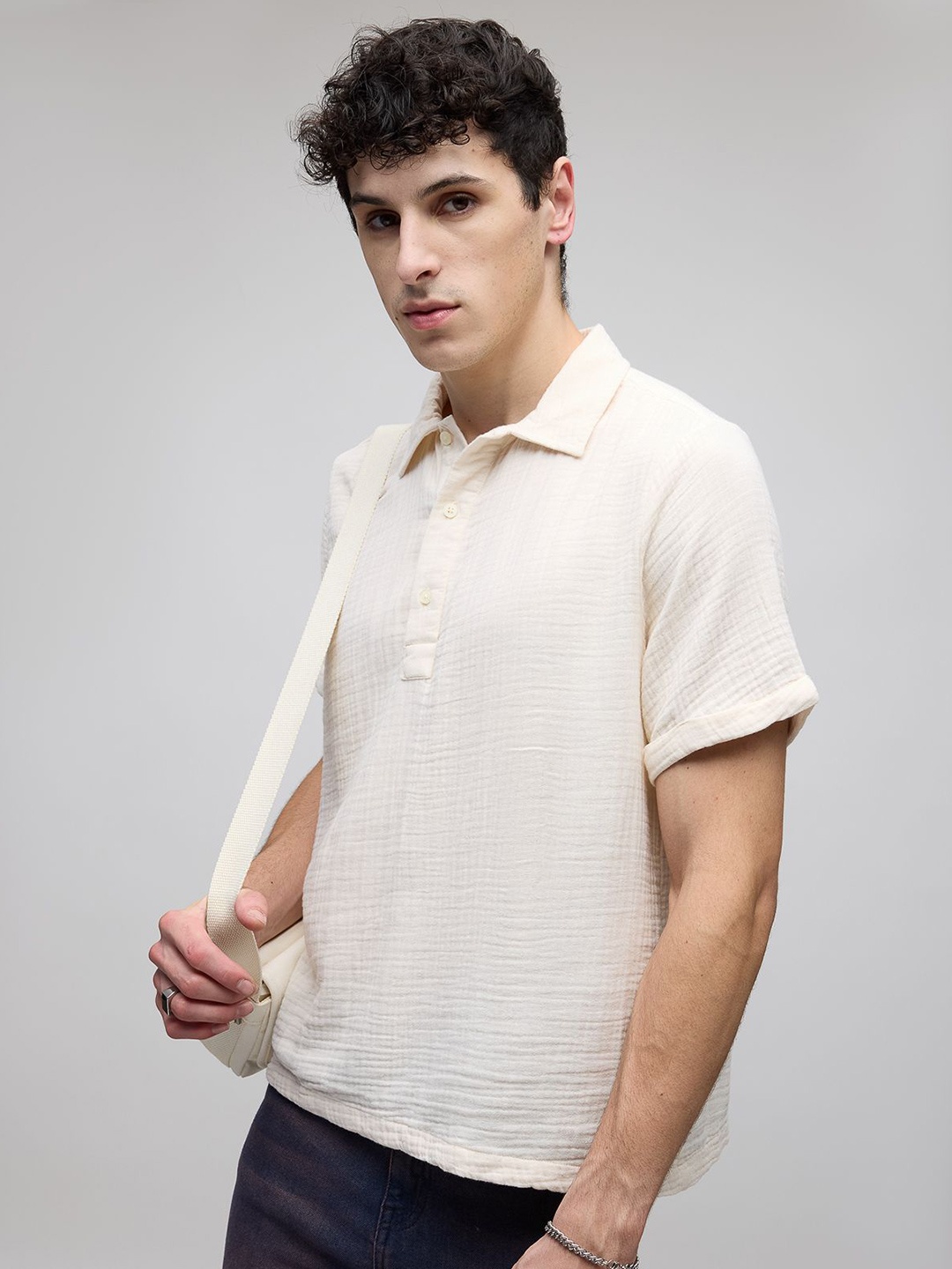 

FREAKINS Textured Self Design Spread Collar Casual Shirt, Off white