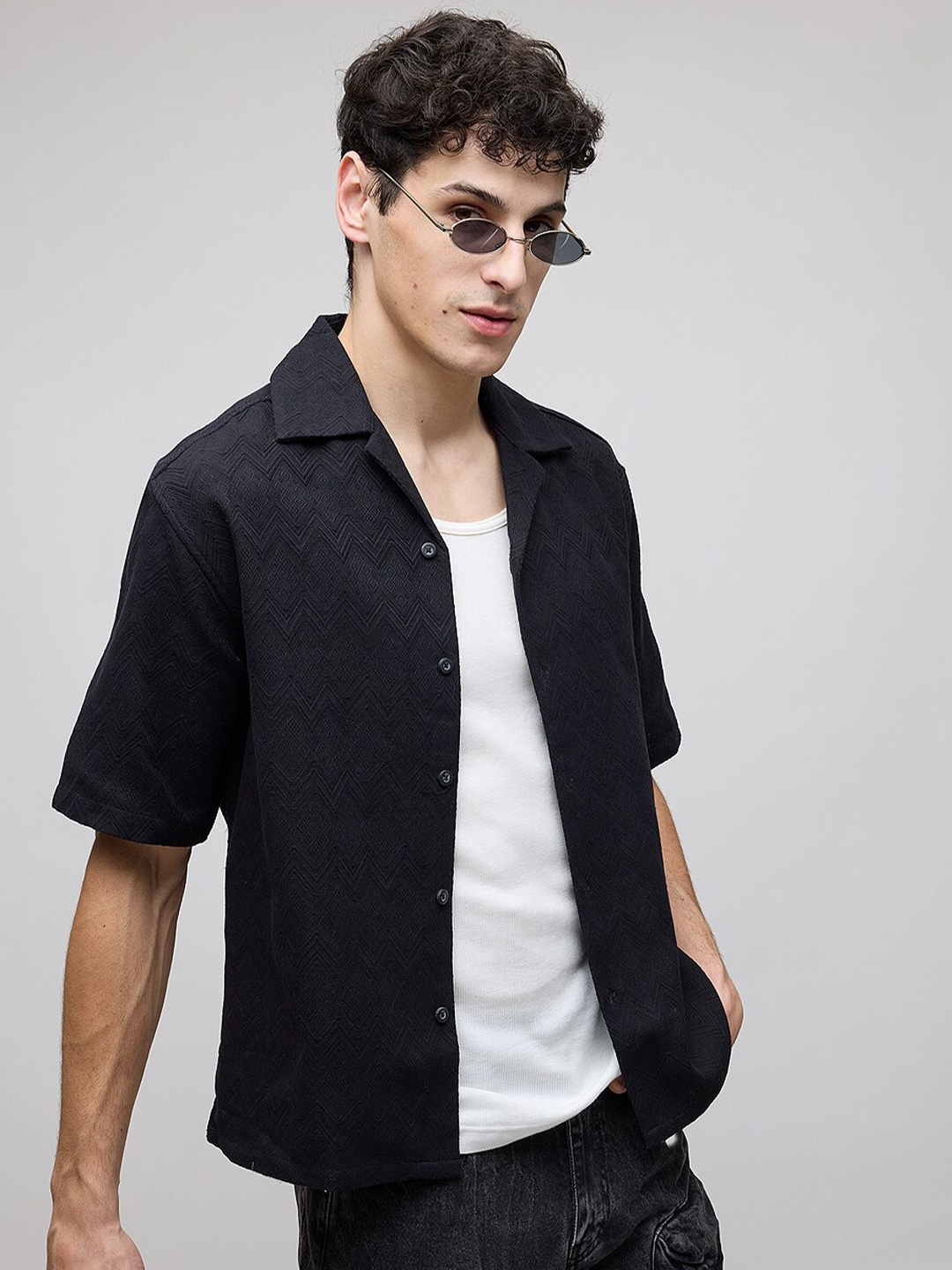 

FREAKINS Geometric Self Design Cuban Collar Regular Shirt, Black