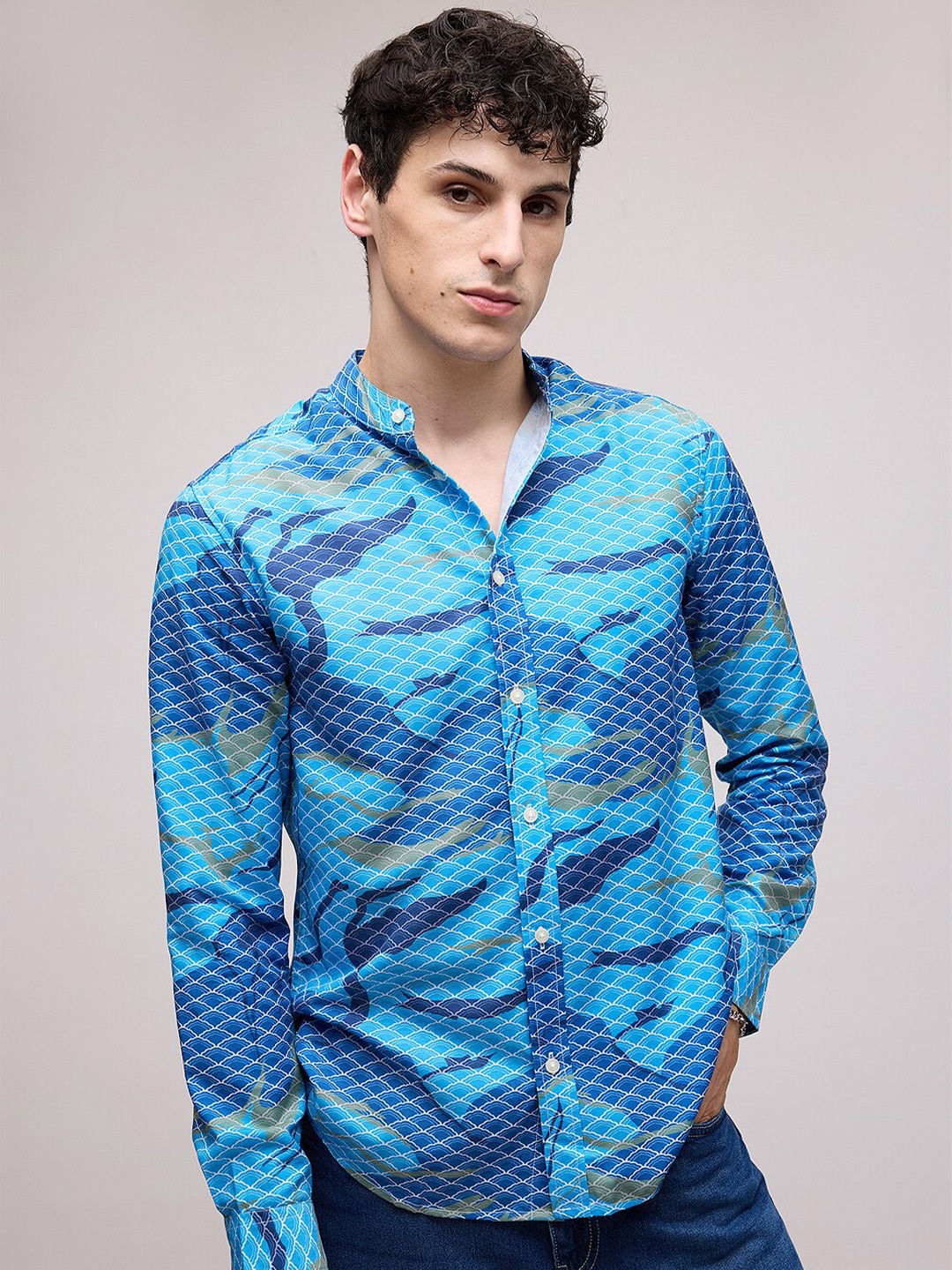 

FREAKINS Abstract Printed Band Collar Casual Shirt, Blue