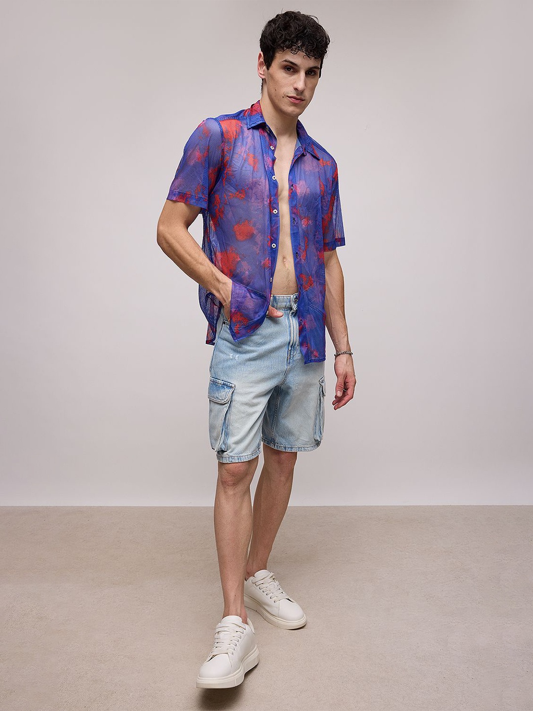 

FREAKINS Abstract Printed Spread Collar Semi Sheer Casual Shirt, Blue