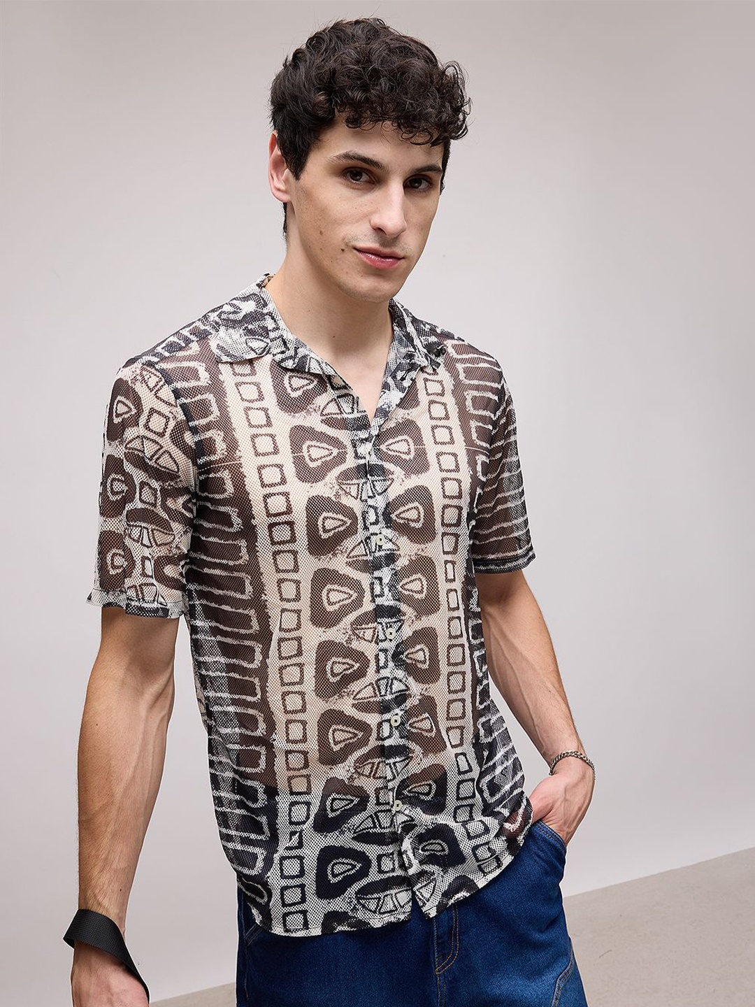 

FREAKINS Abstract Printed Spread Collar Short Sleeves Semi Sheer Regular Fit Casual Shirt, Black