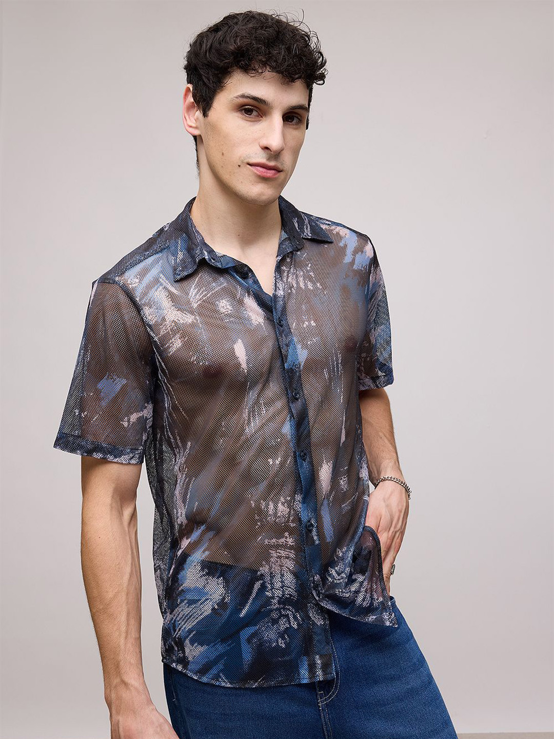 

FREAKINS Blue Abstract Printed Short Sleeves Sheer Casual Shirt