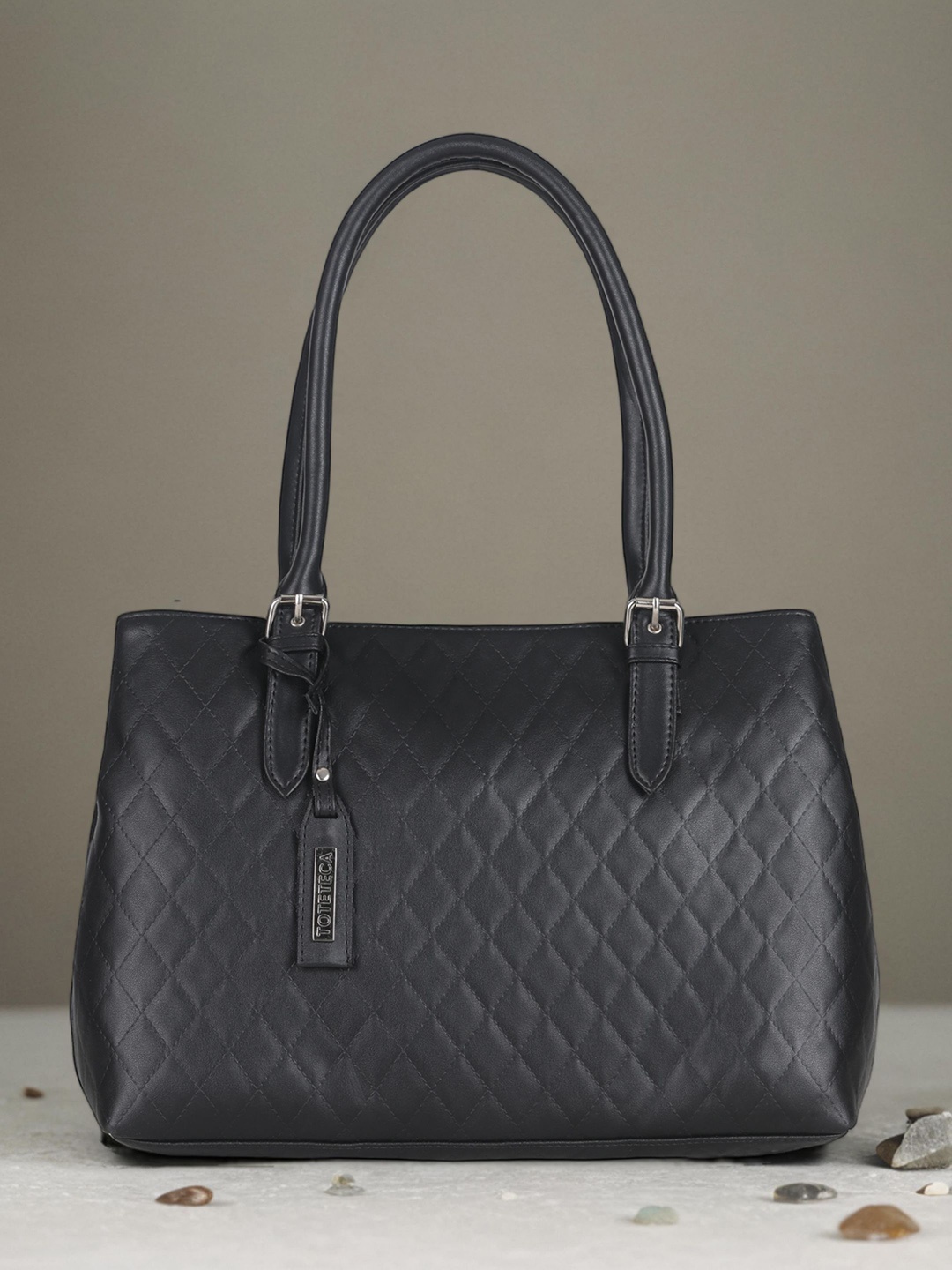 

Toteteca Textured PU Structured Handheld Bag with Quilted, Black