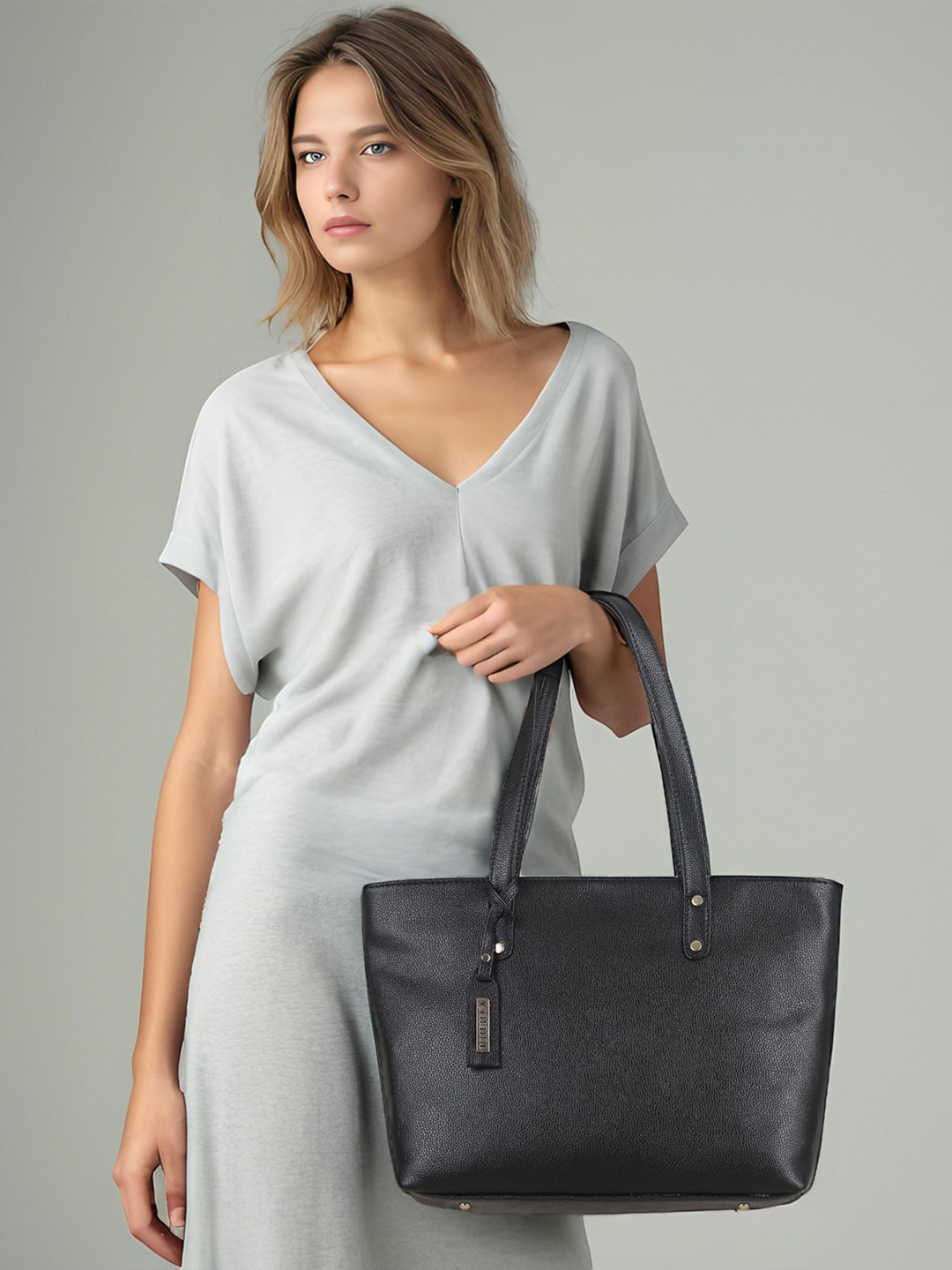 Toteteca Textured PU Oversized Structured Shoulder Bag, Black