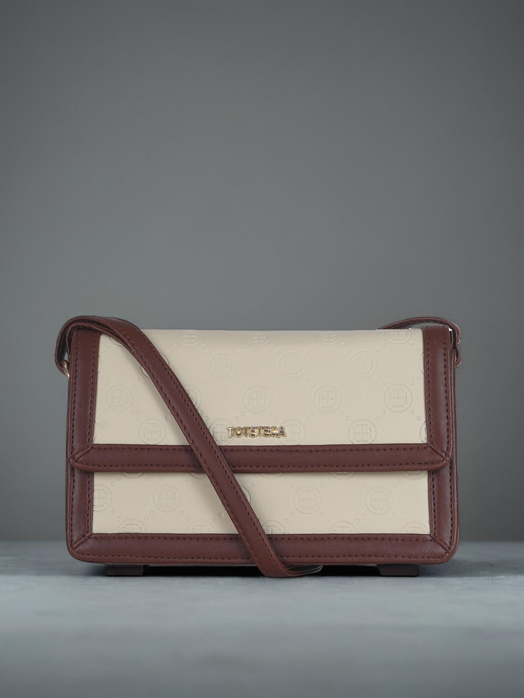 

Toteteca Colourblocked PU Structured Sling Bag with Applique, Brown