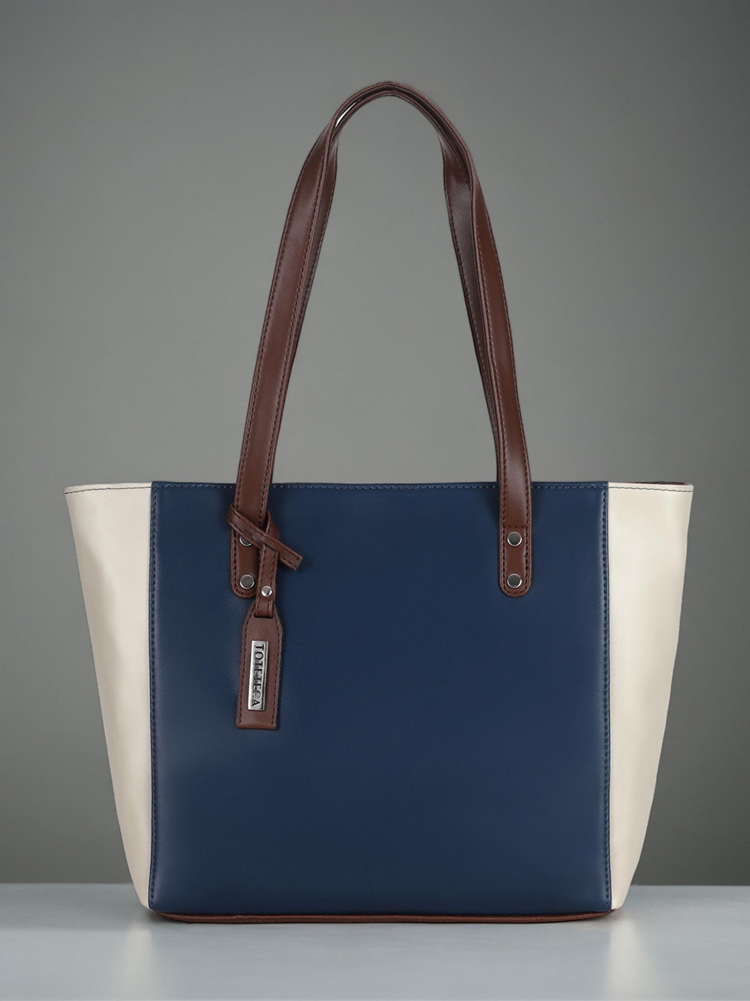 

Toteteca Colourblocked PU Oversized Swagger Shoulder Bag with Applique, Blue