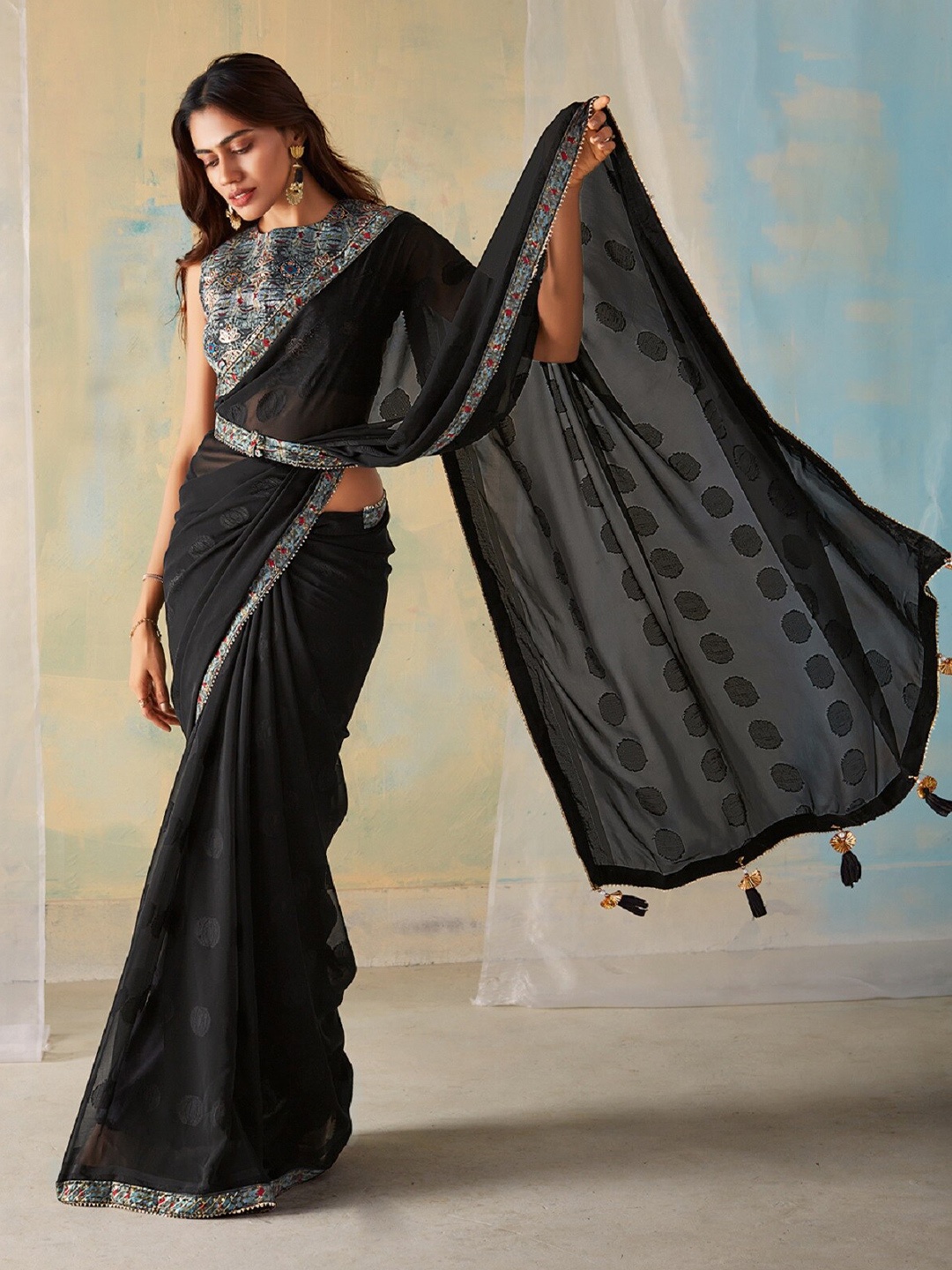 

Panzora Woven Design Gotta Patti Saree, Black