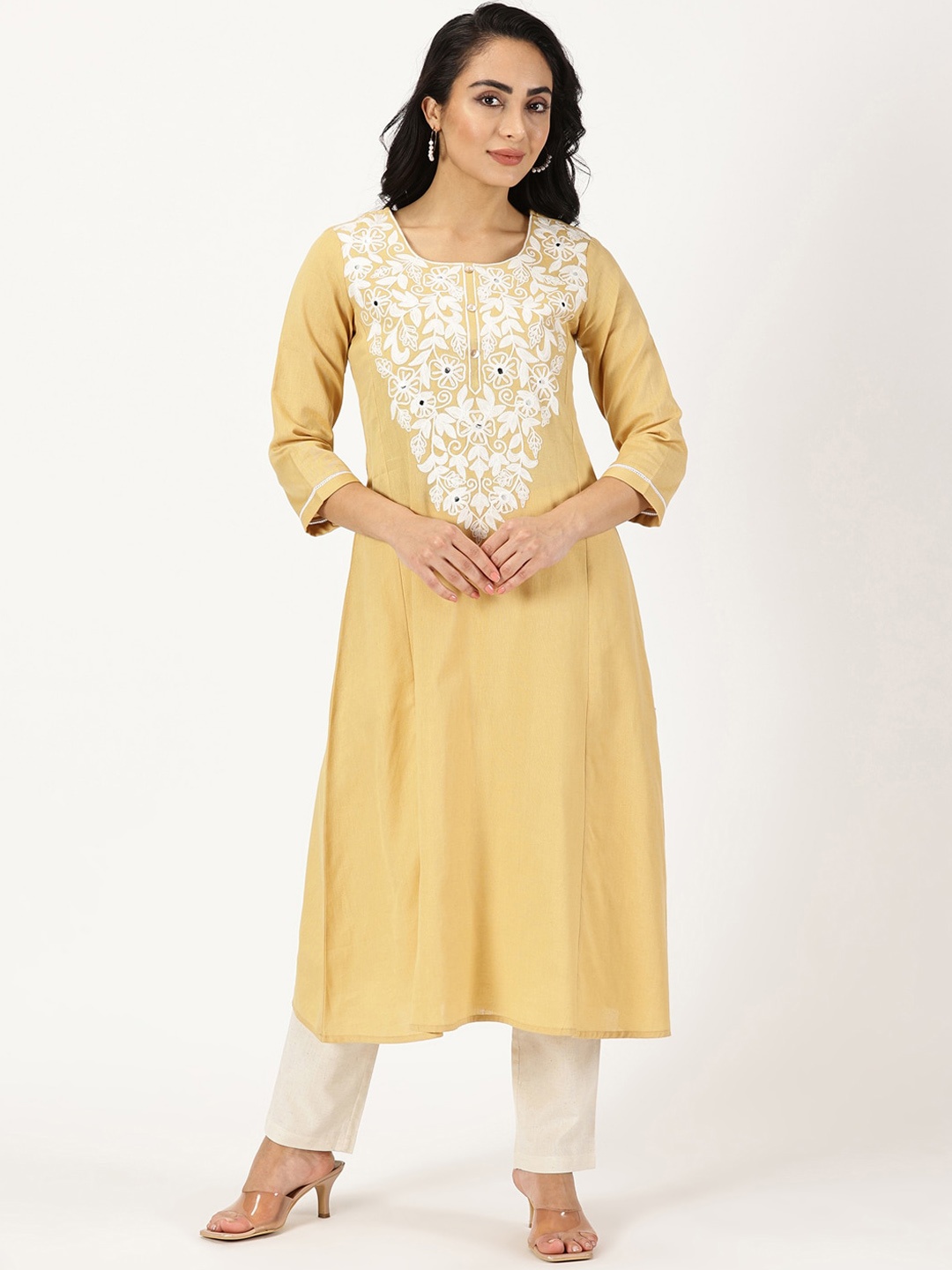 

Saffron Threads Yoke Design Thread Work A-Line Kurta, Beige