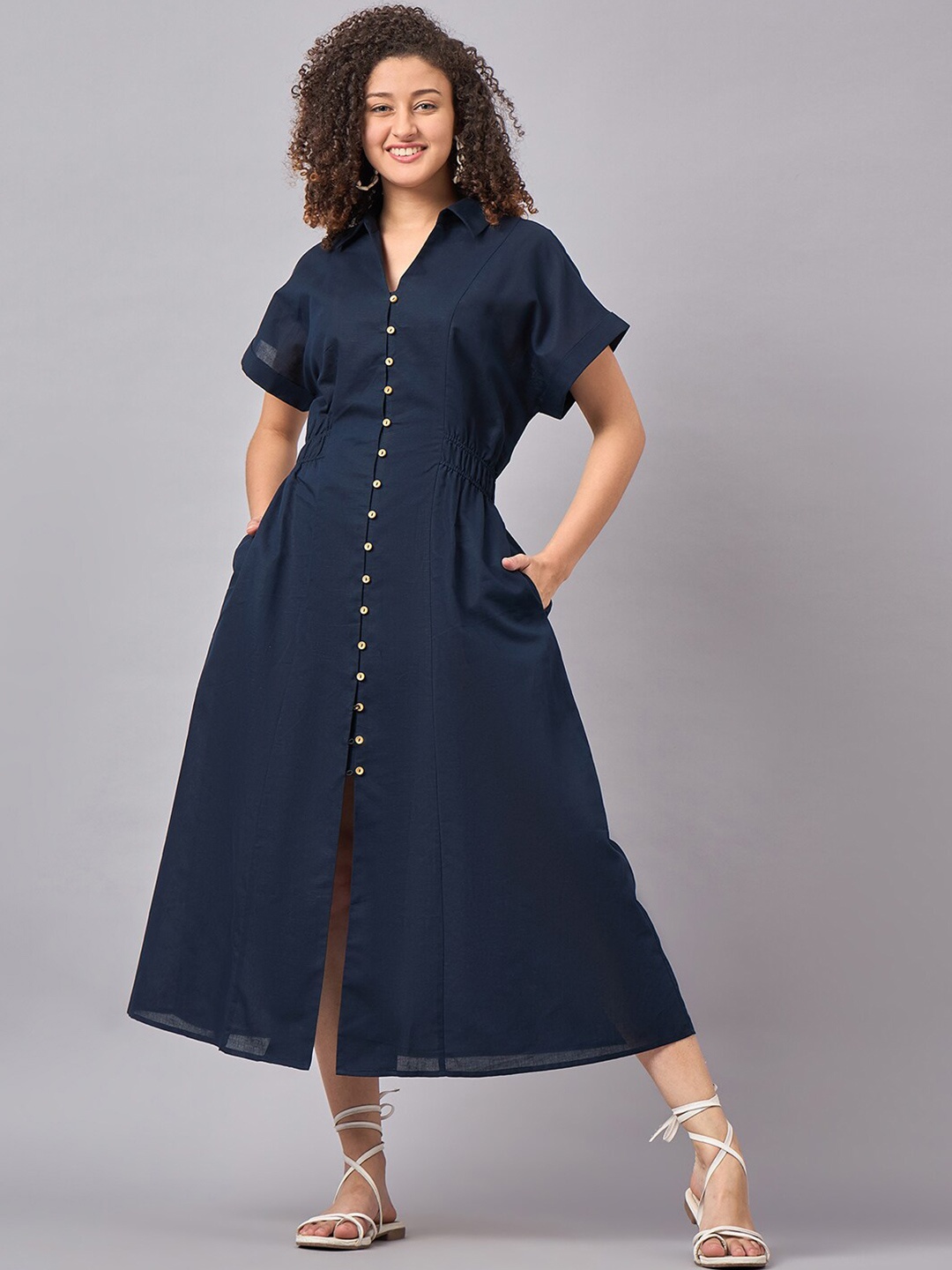 

STYLE BLUSH Women Linen Shirt Collar Extended Sleeves A-Line Midi Dress, Navy blue