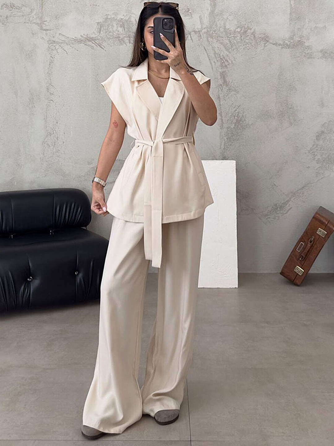 

LULU & SKY Loose Fit Coat & Palazzos Co-Ords Set FC0512-OFF WHITE-OFF WHITE