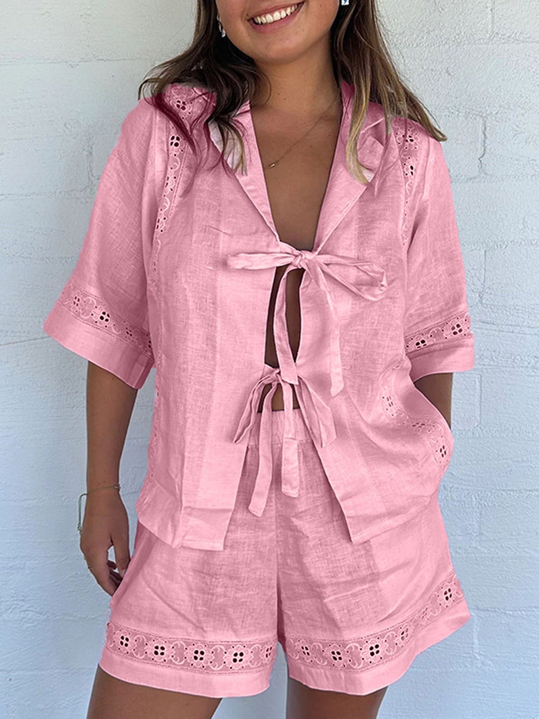 

LULU & SKY Self-Design Lapel Collar tie-up closure Top & Shorts, Pink
