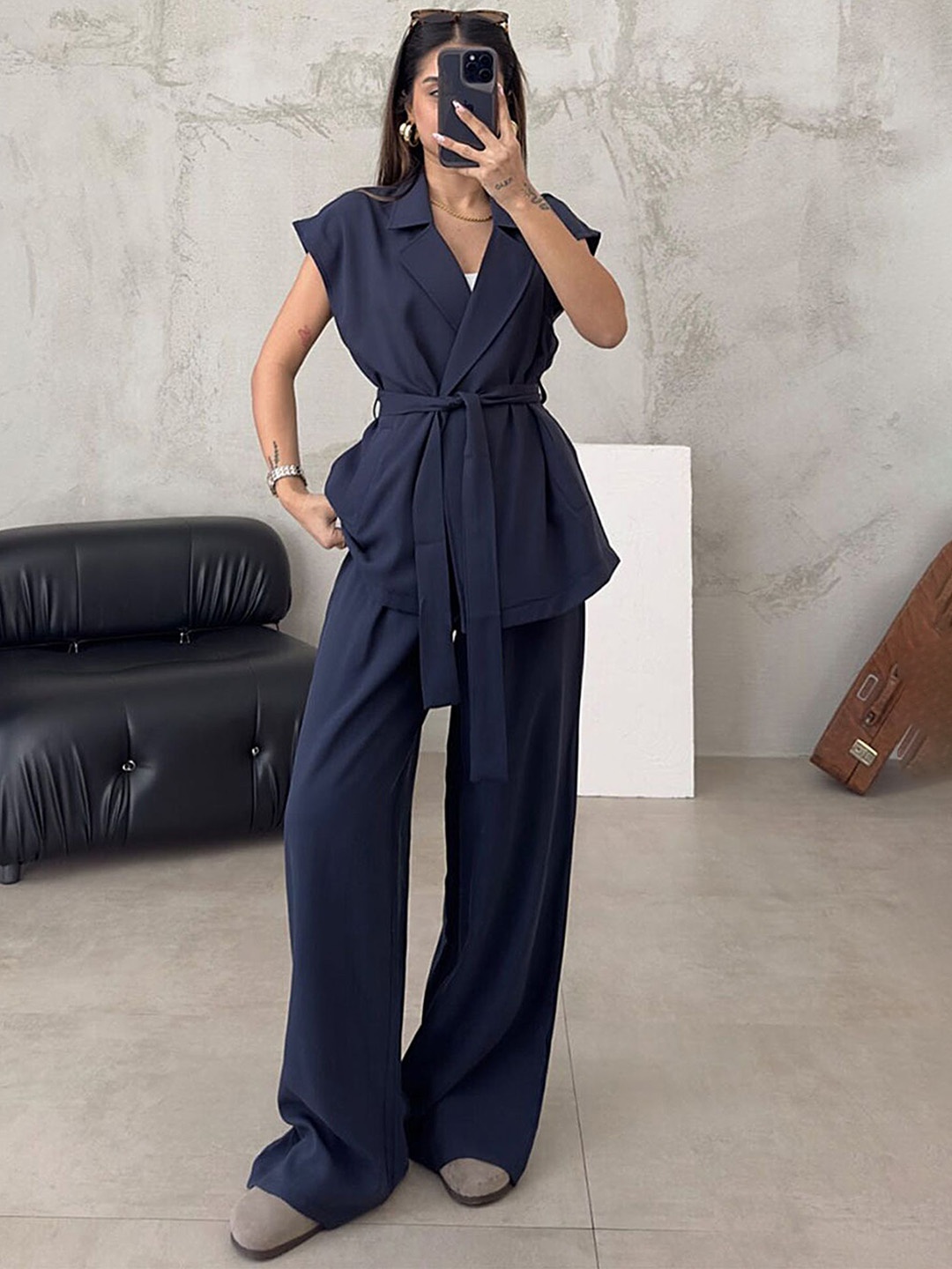 

LULU & SKY Solid Cotton Shawl Neck Top With Trouser Co-Ords, Navy blue
