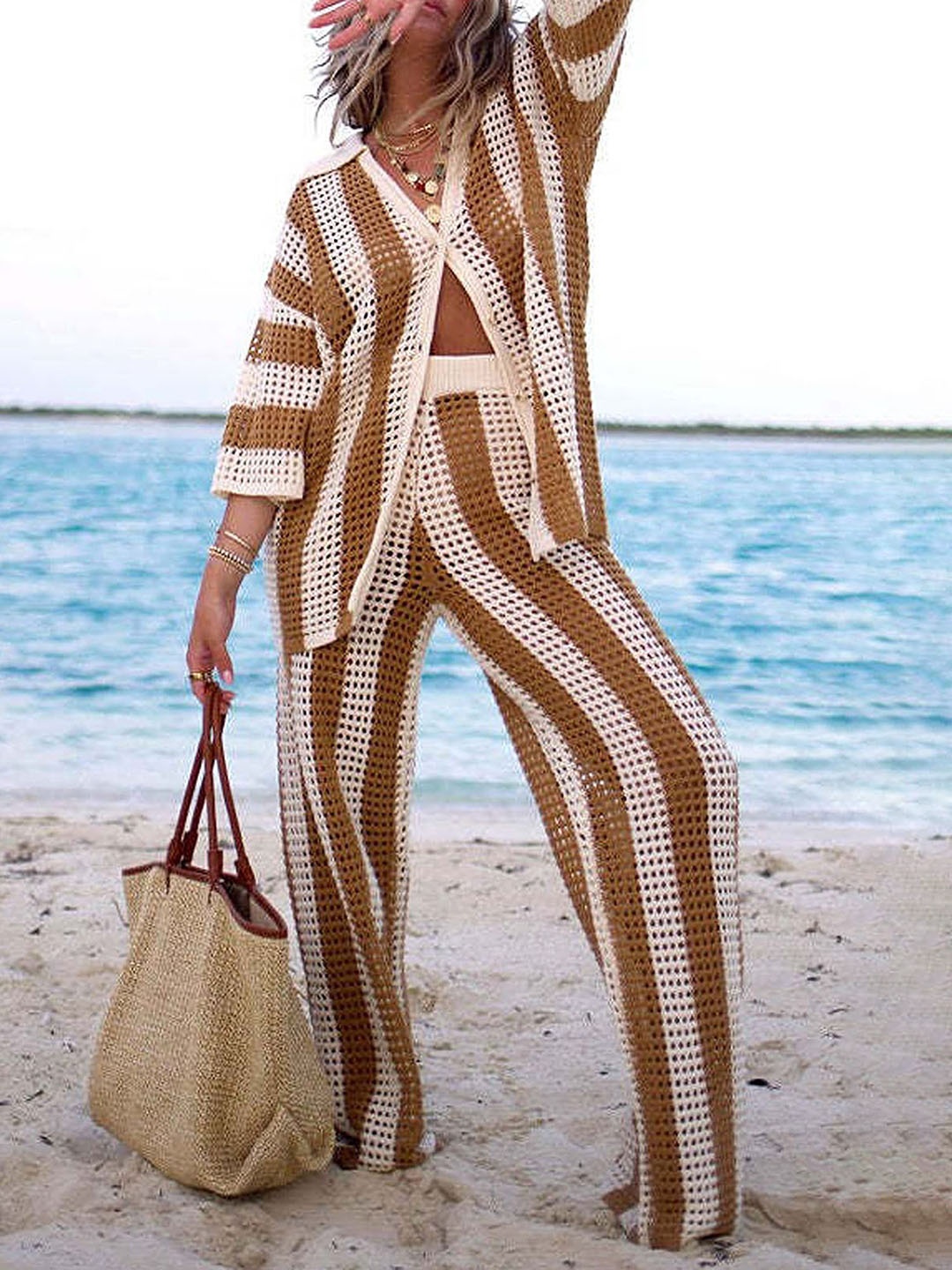

LULU & SKY Hollow-Knit Resort Shirt & Pant Co-Ords, Khaki