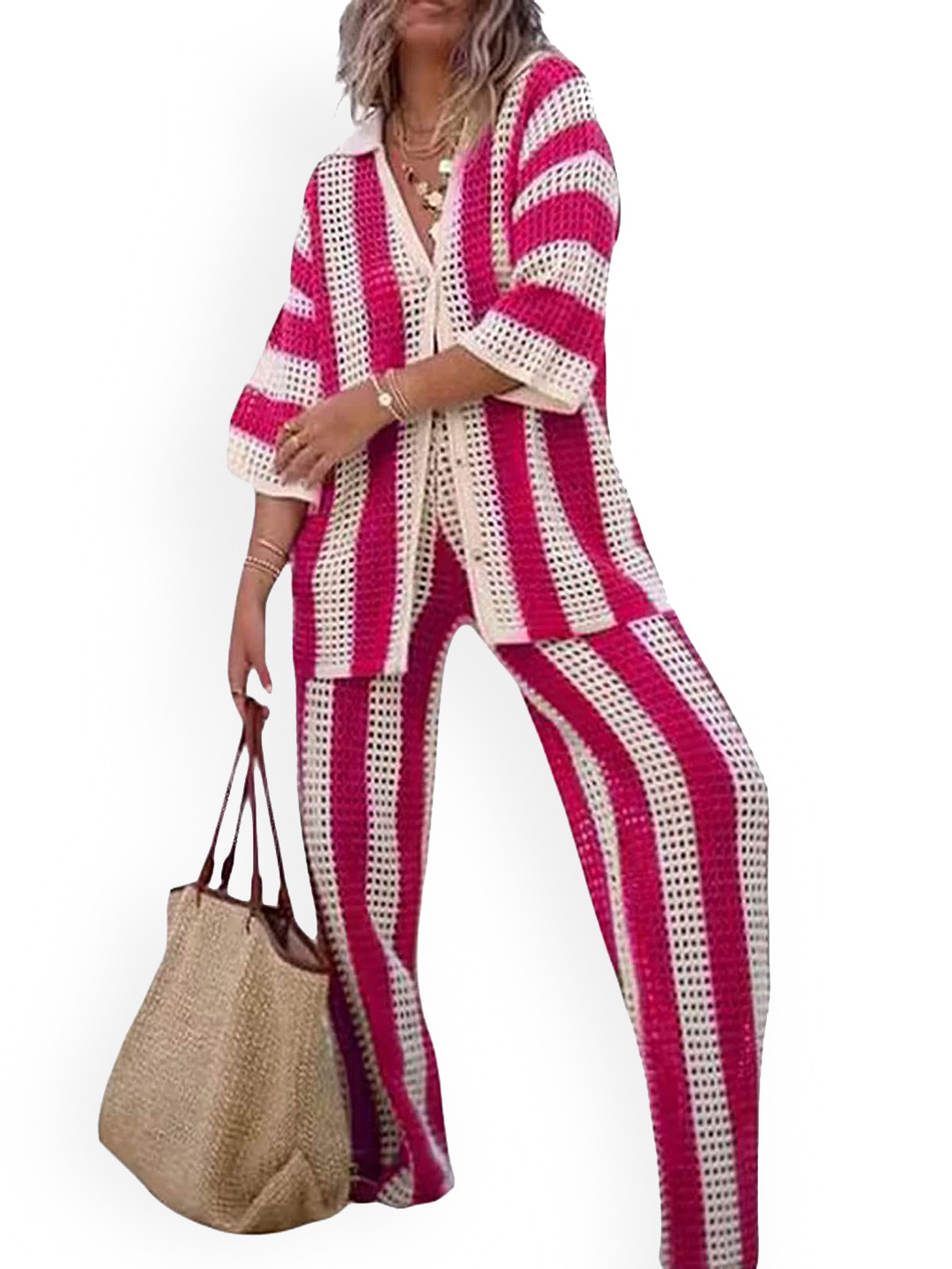 

LULU & SKY Striped Spread Collar Flared Sleeves Hollow-Knit Shirt & Trousers, Rose