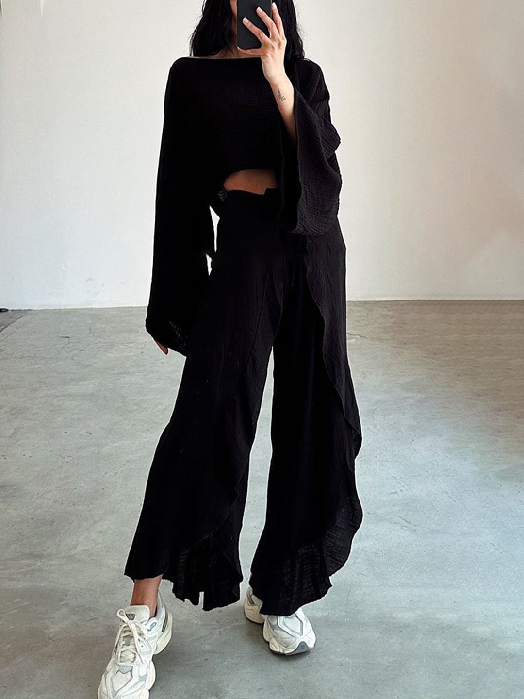 

LULU & SKY Round-Neck Long Sleeve Crop Top & Trouser Co-Ords, Black