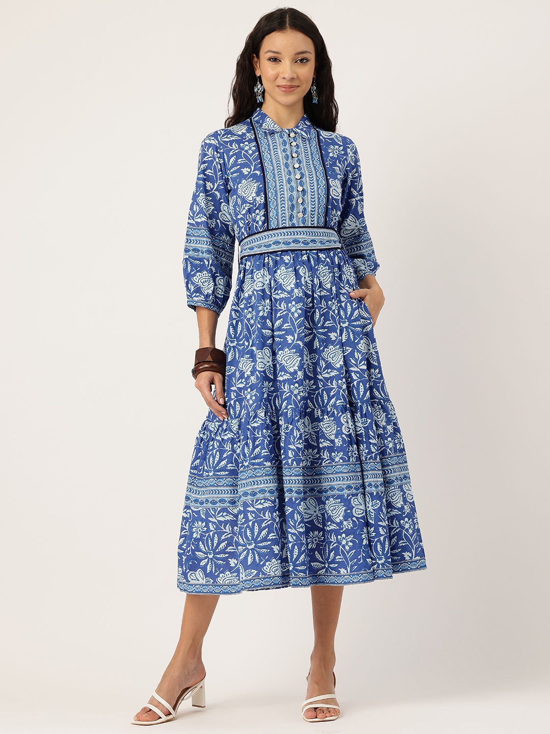 

Jaipur Morni Floral Print Puff Sleeves Fit & Flare Tiered Pure Cotton Midi Dress, Blue