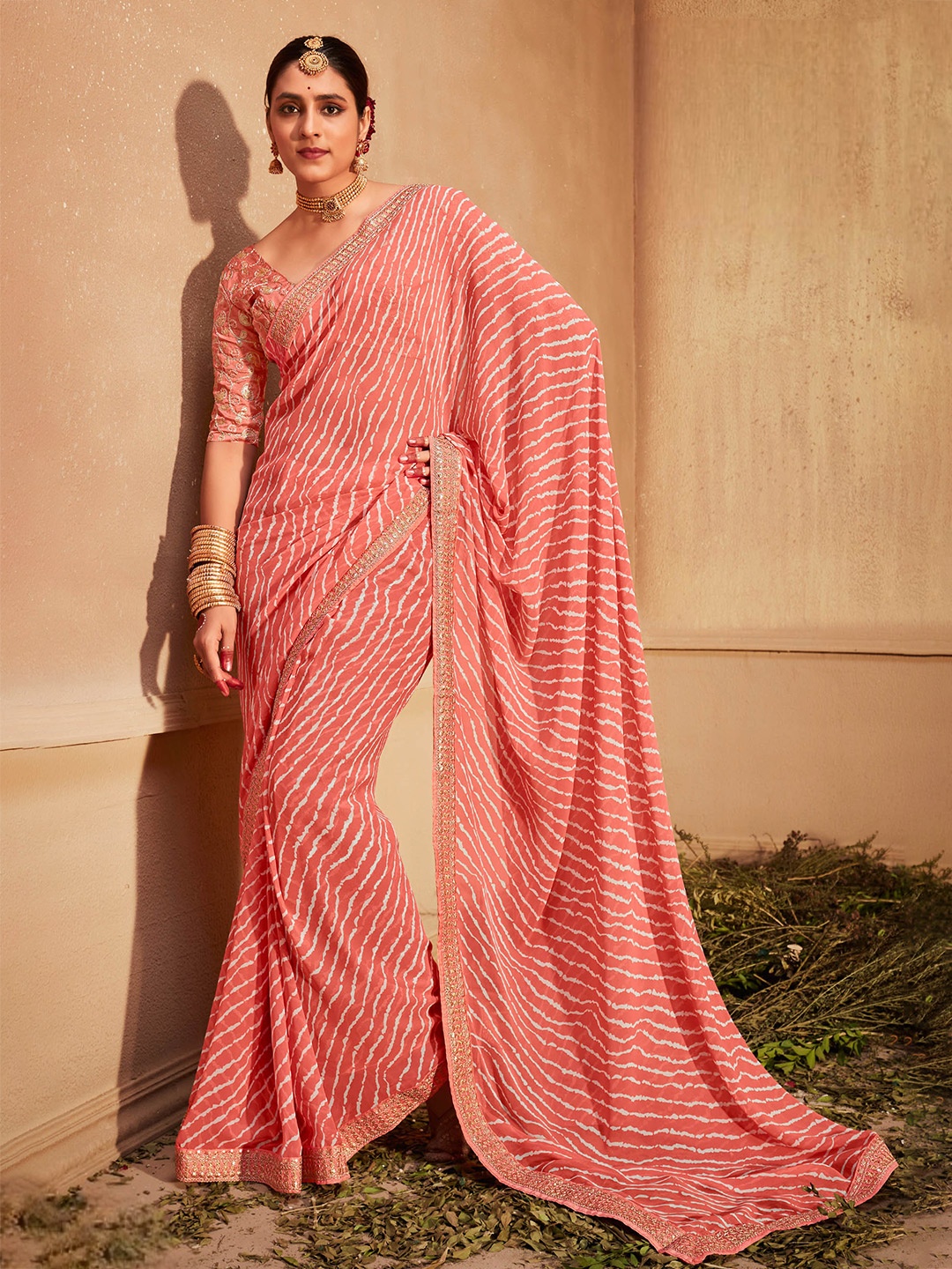 

Panzora Leheriya Sequinned Leheriya Saree, Peach