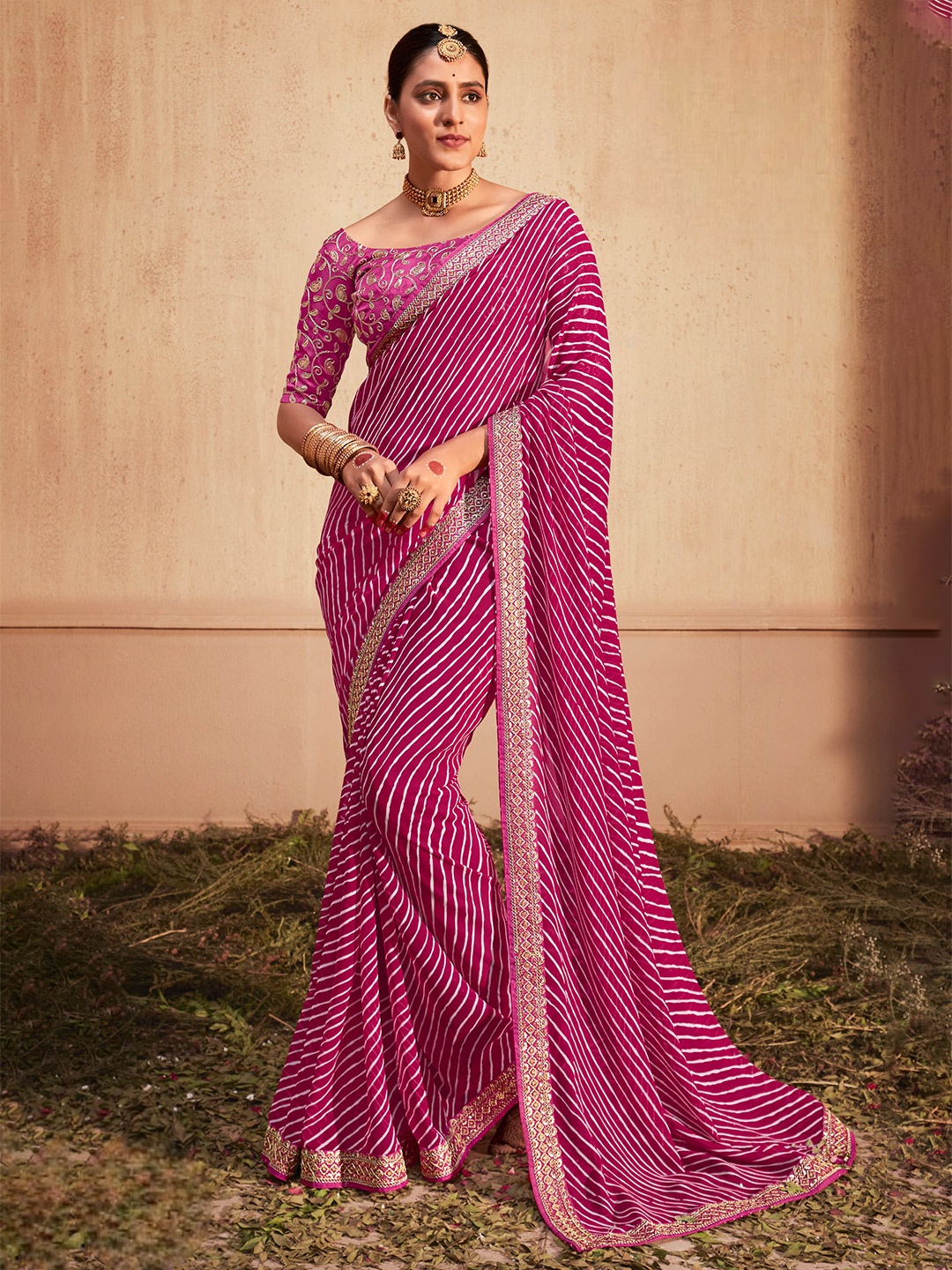 

Panzora Leheriya Printed Sequinned Leheriya Saree, Pink