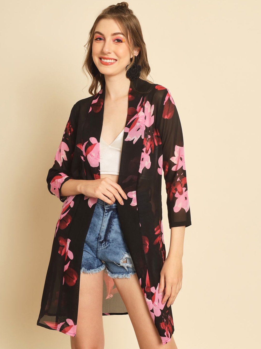 

TANDUL Floral Printed Longline Open Front Shrug, Brown