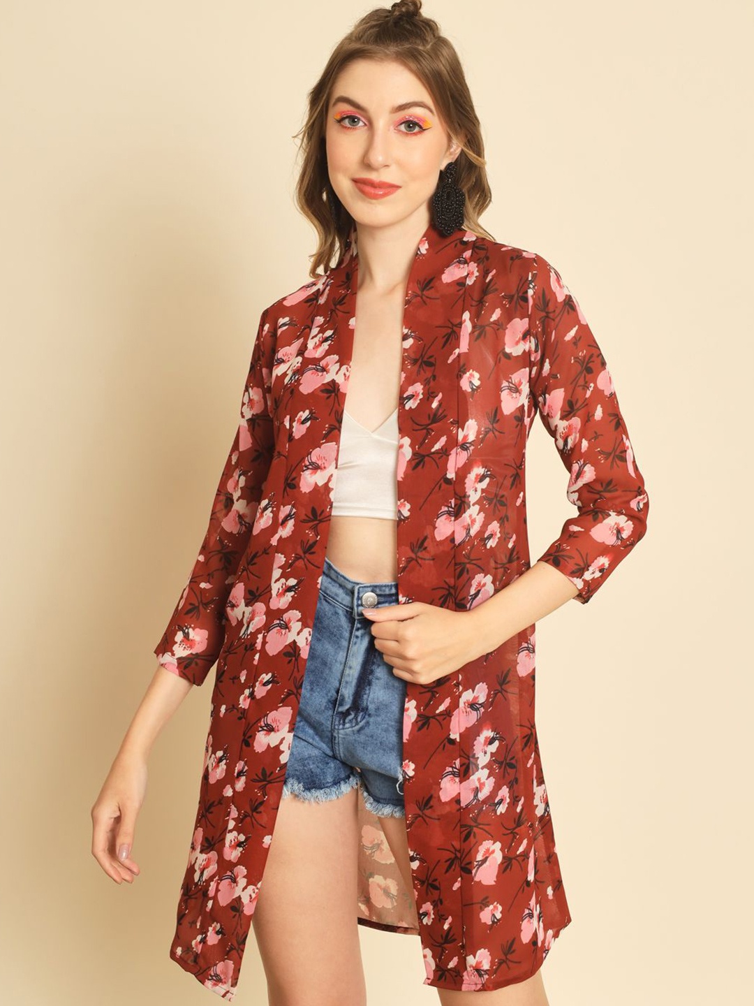 

TANDUL Women Printed Casual Longline Shrug, Maroon