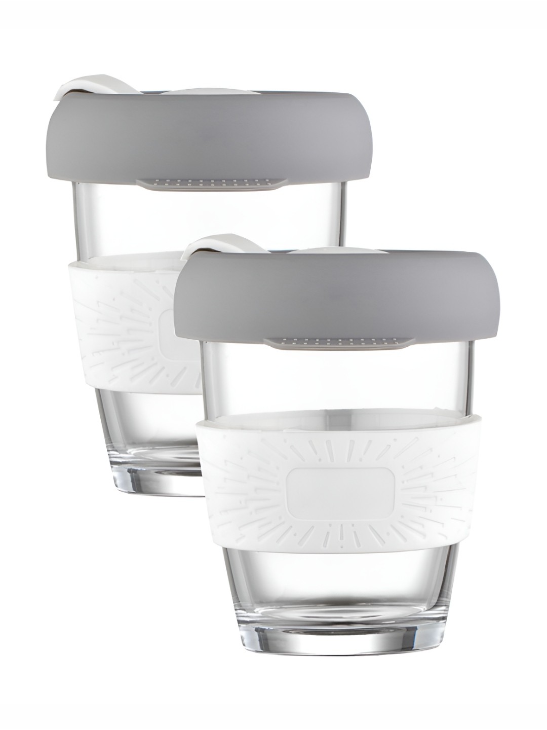 

P-Plus International White & Grey 2 Pieces Glass Transparent Mugs With Lid 350 ml