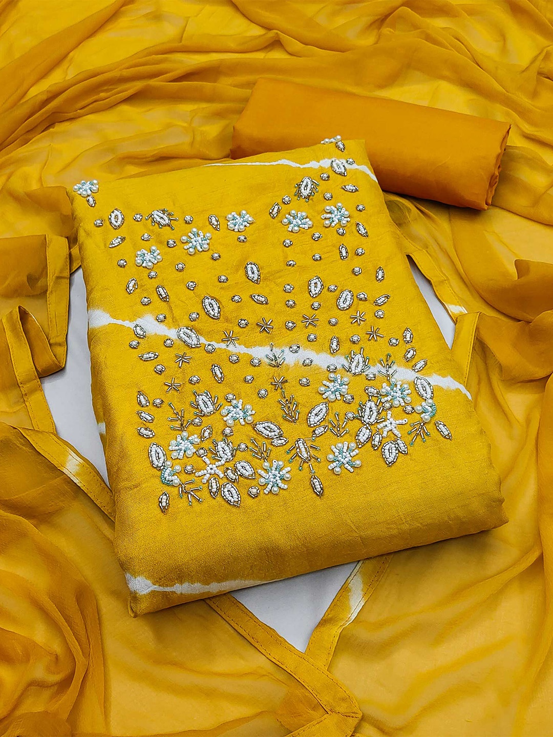

Peachmode Floral Embroidered Beads & Stones Unstitched Dress Material, Yellow