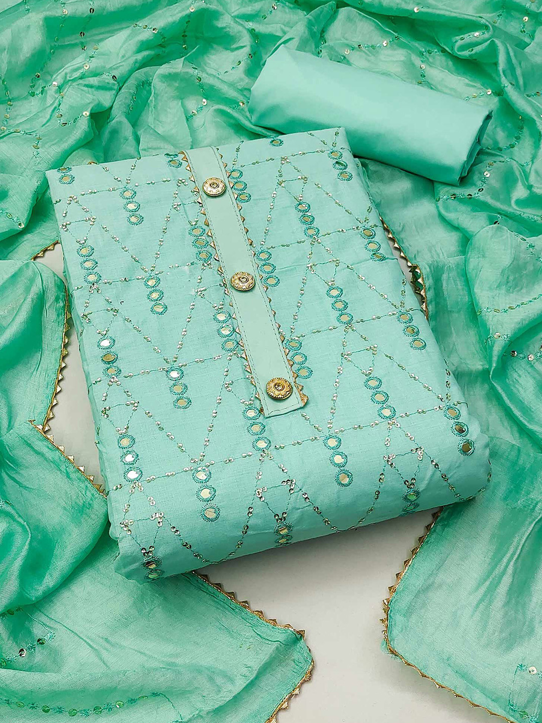 

Peachmode Geometric Embroidered Mirror Work Unstitched Dress Material, Turquoise blue