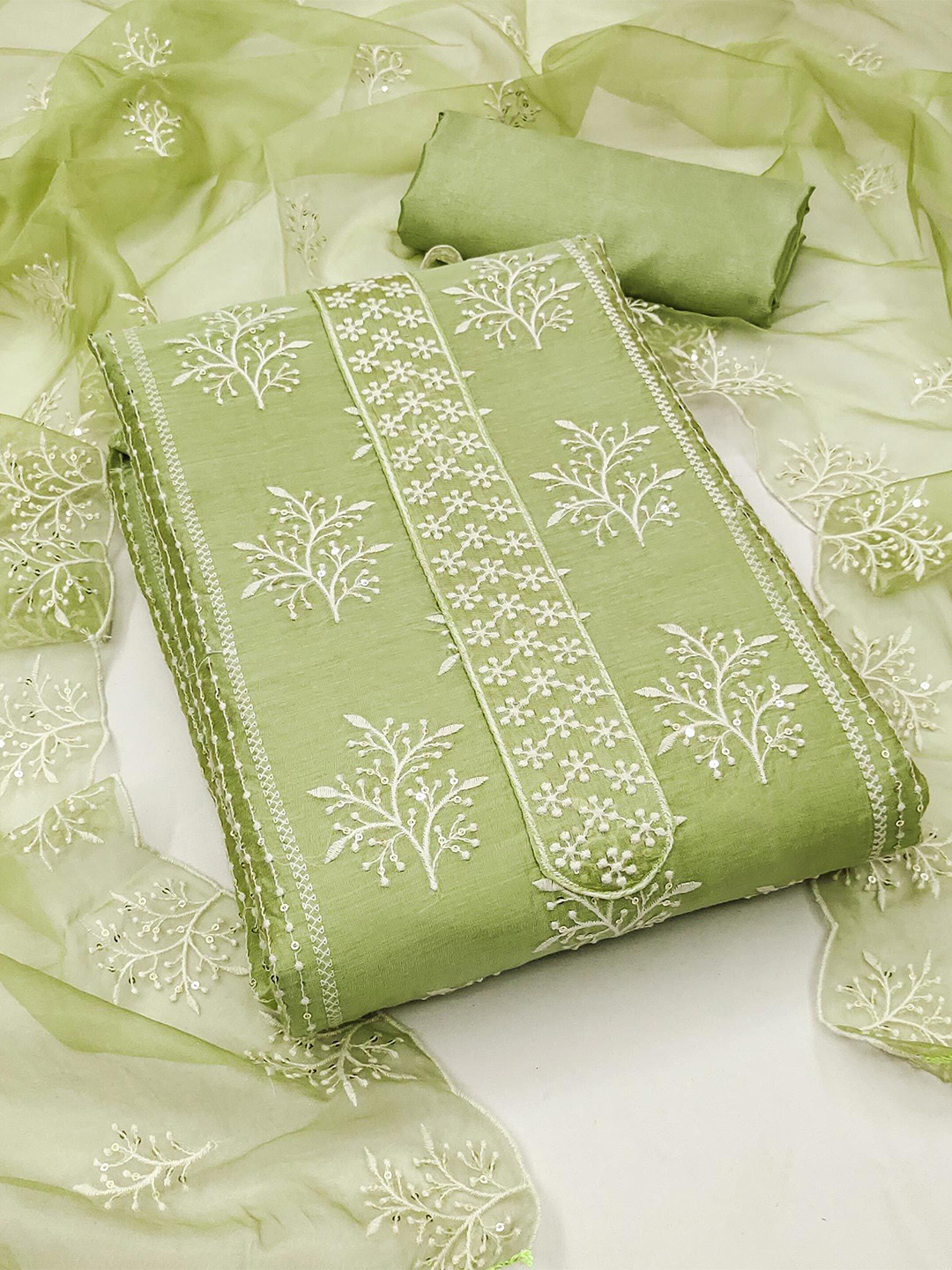 

Peachmode Embroidered Unstitched Dress Material, Green