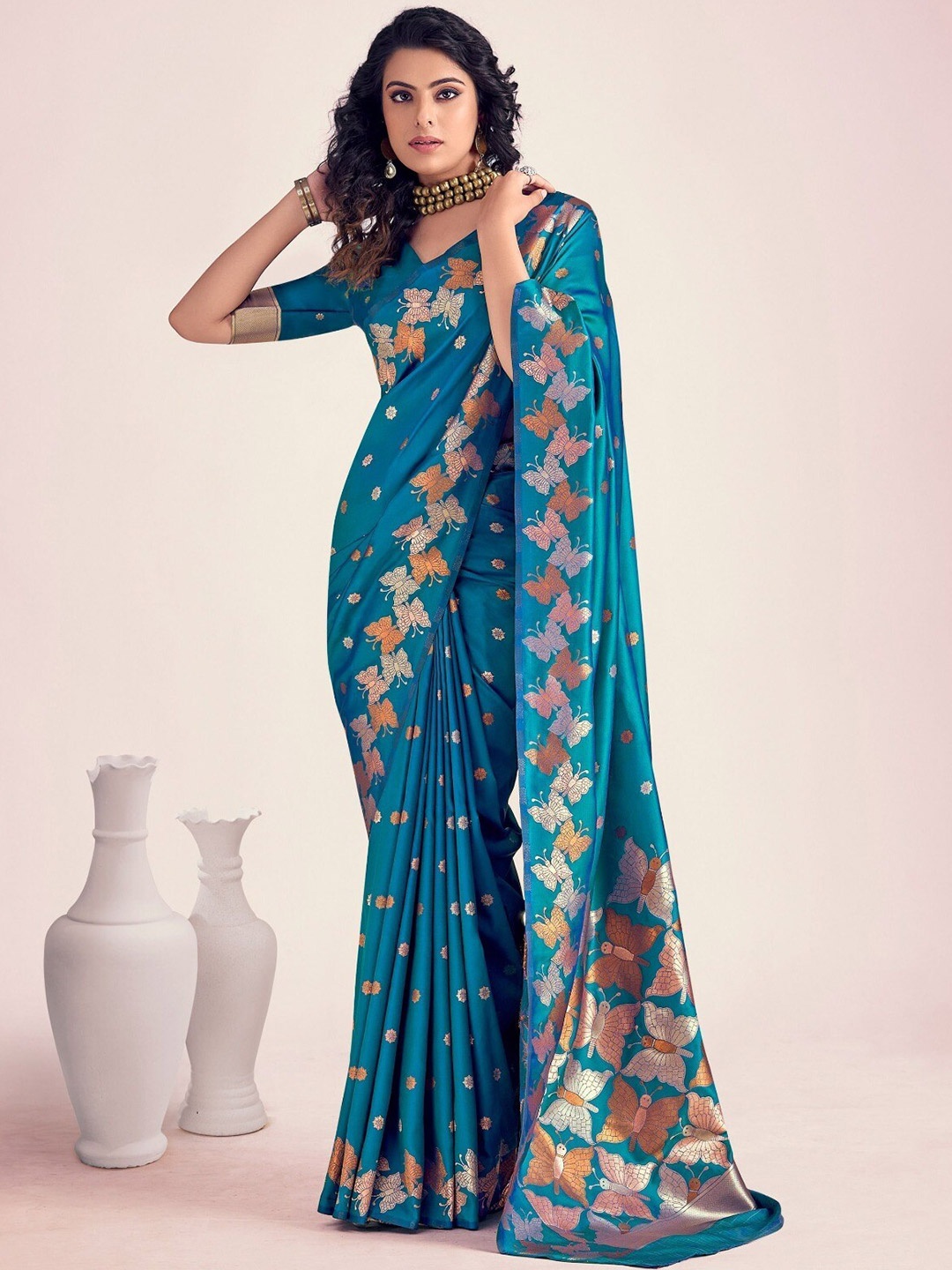 

bansari textiles Woven Design Zari Banarasi Saree, Turquoise blue