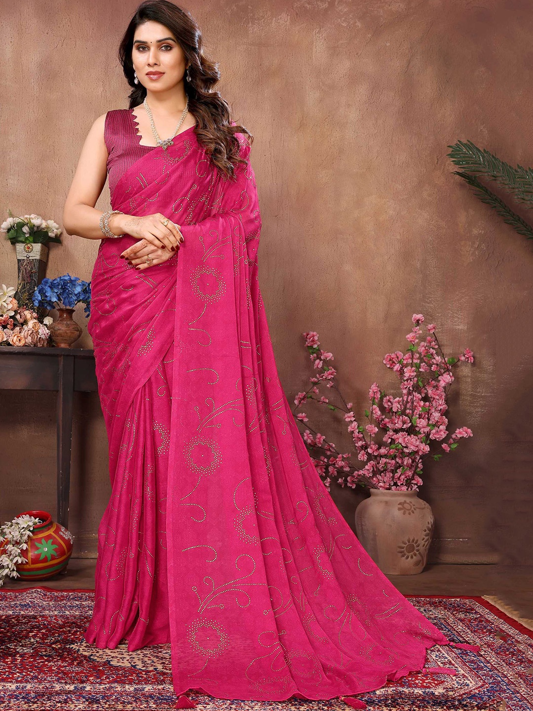 

Panzora Embellished Beads and Stones Satin Saree, Pink