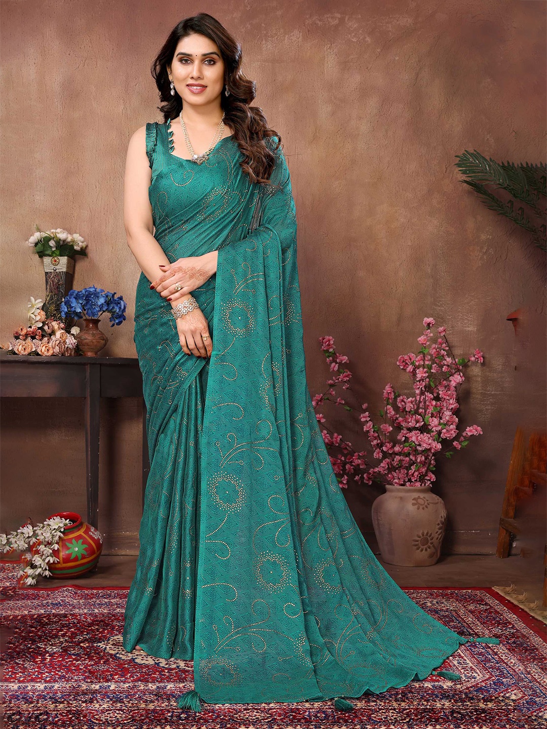 

Panzora Embellished Beads and Stones Satin Saree, Teal