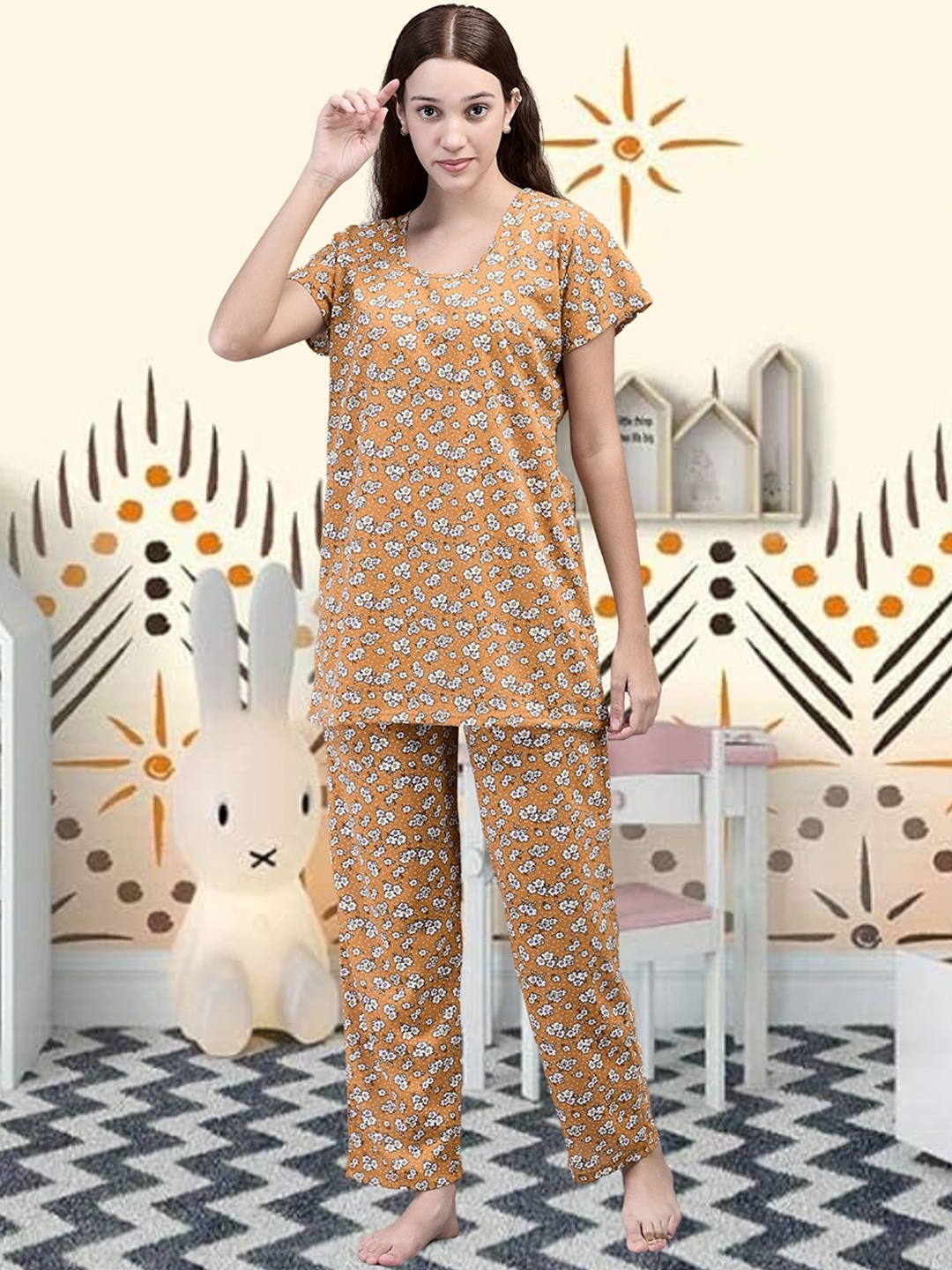 

Noty Women Printed Night suit, Mustard