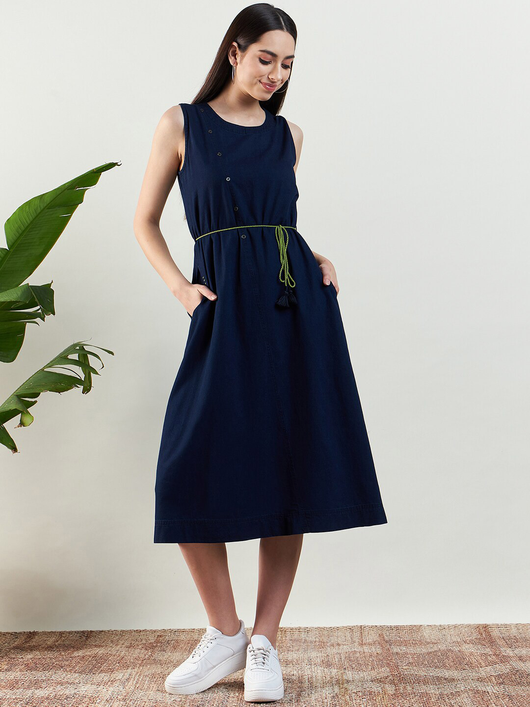 

STADO Round Neck Sleeveless Cotton A-Line Midi Dress, Blue