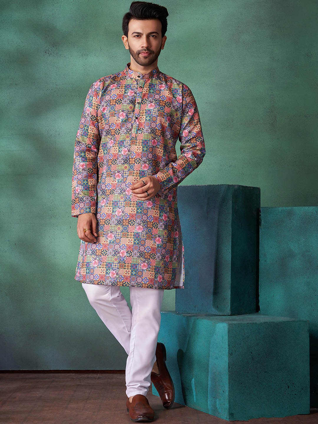 

Fashion FRICKS Men Ethnic Motifs Printed Regular Kurta with Pyjamas, Blue